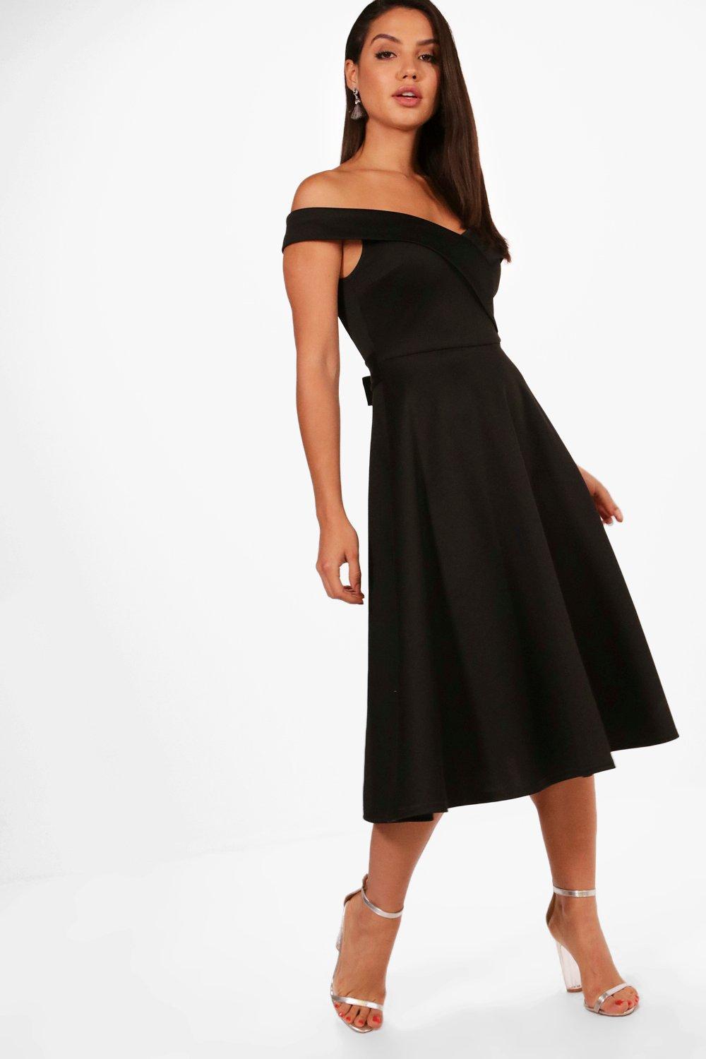 off the shoulder midi skater dress