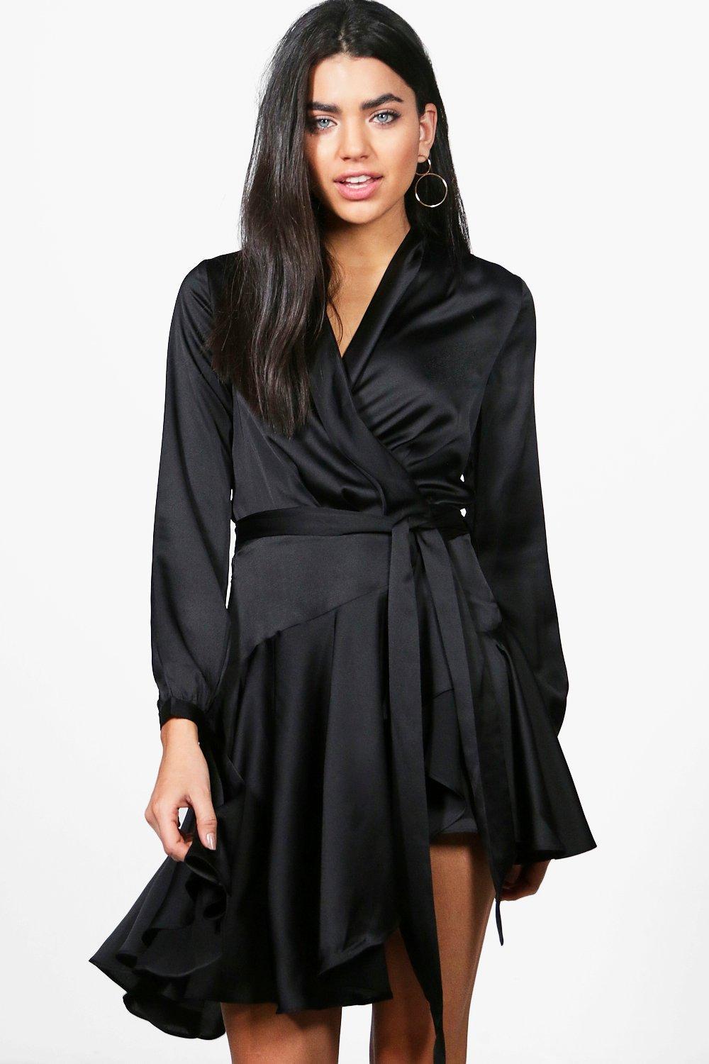 satin wrap skater dress
