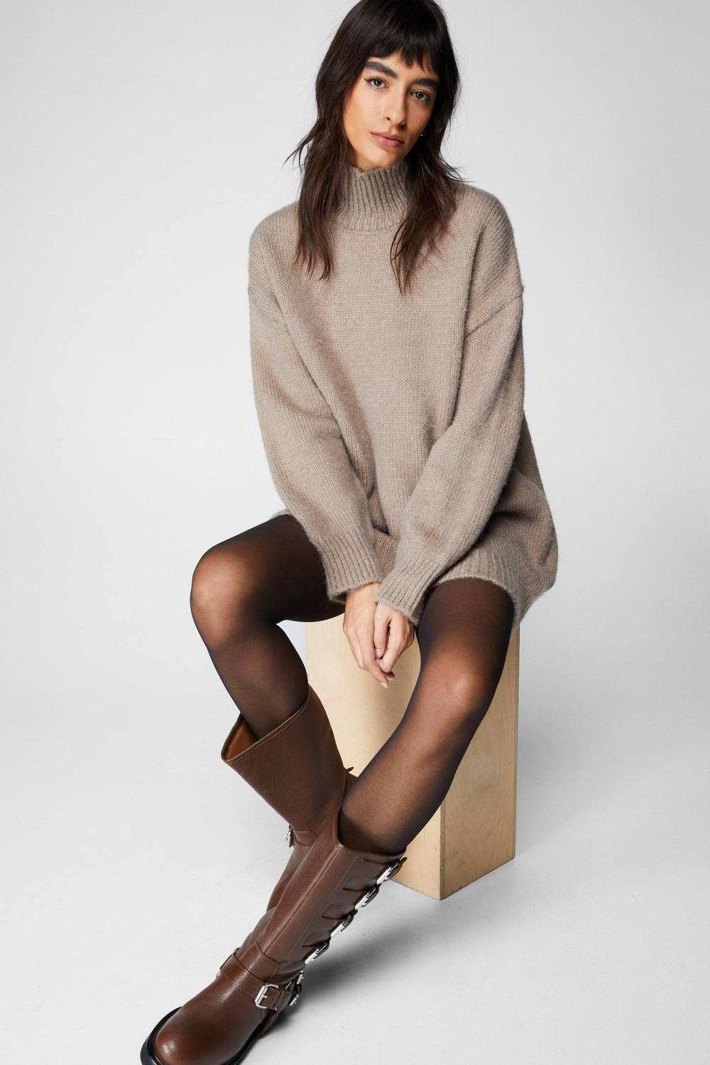 Nasty Gal Brushed Knit Oversized Turtleneck Sweater Dress in Natural