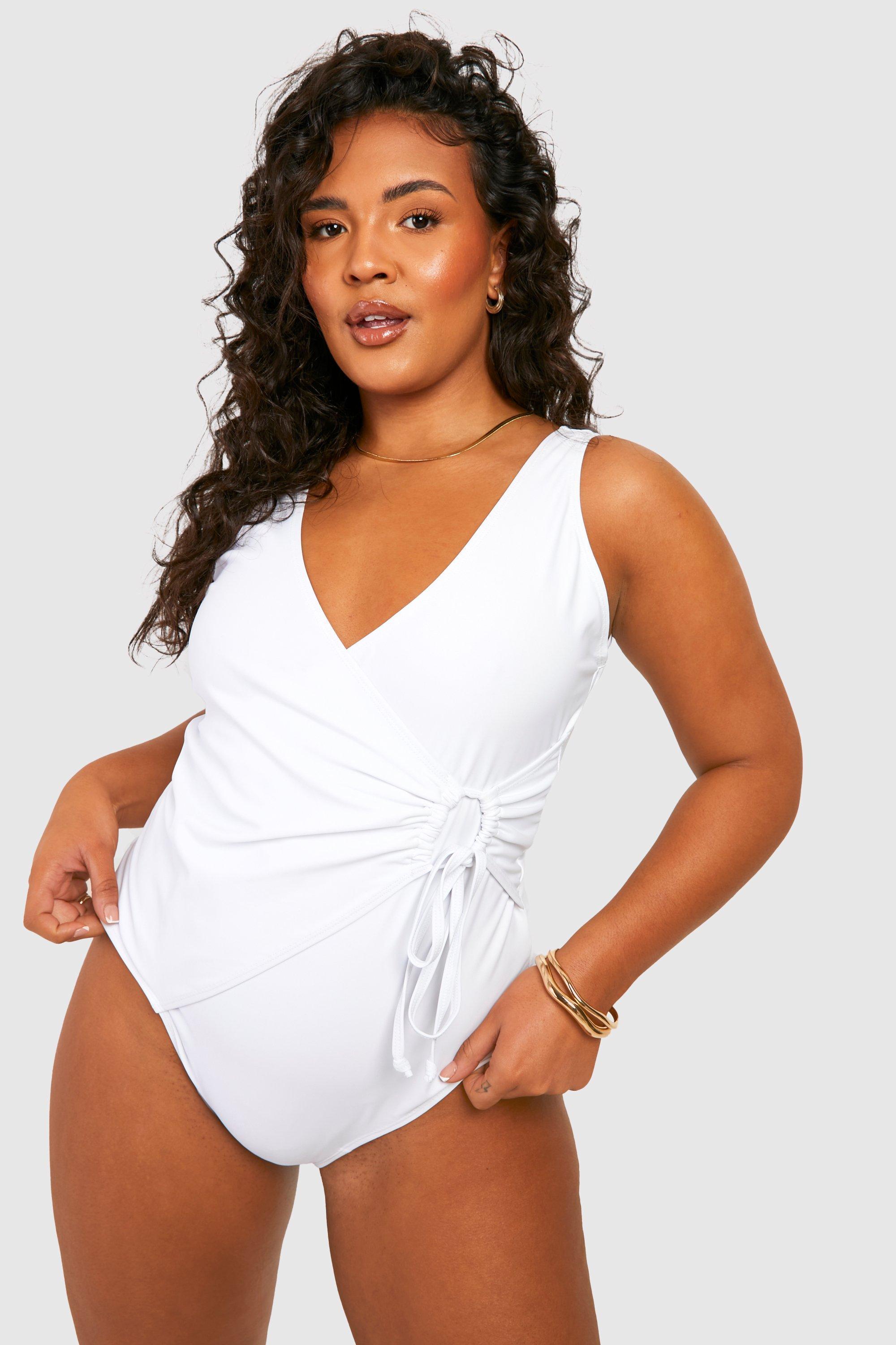 Boohoo Plus Tummy Control Wrap Belted Bathing Suit in White Lyst