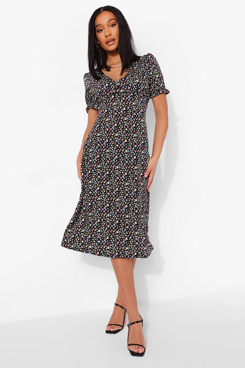floral cap sleeve midi dress