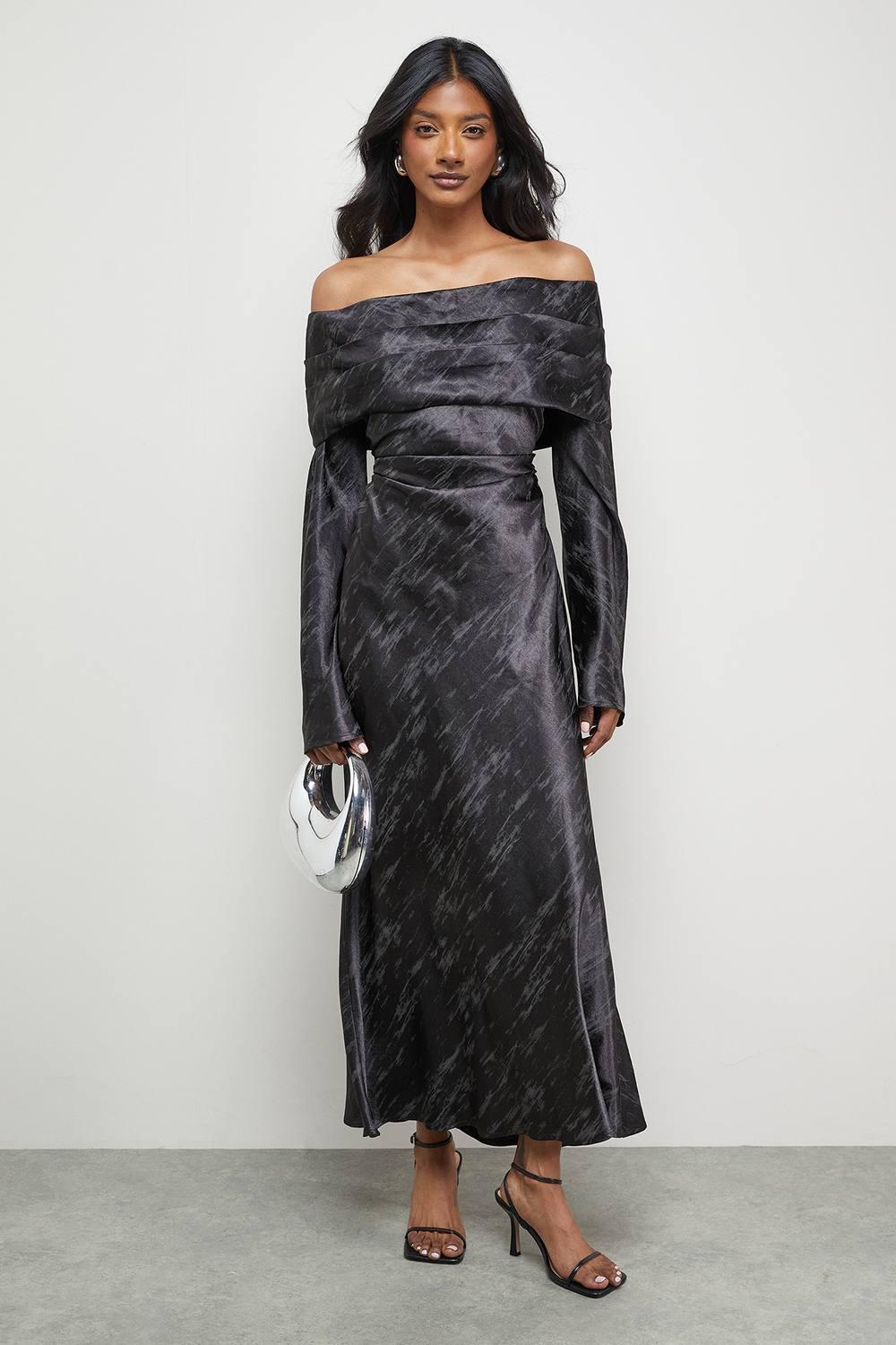 Warehouse Shimmer Satin Foldover Bardot Bias Midi Dress in Black | Lyst