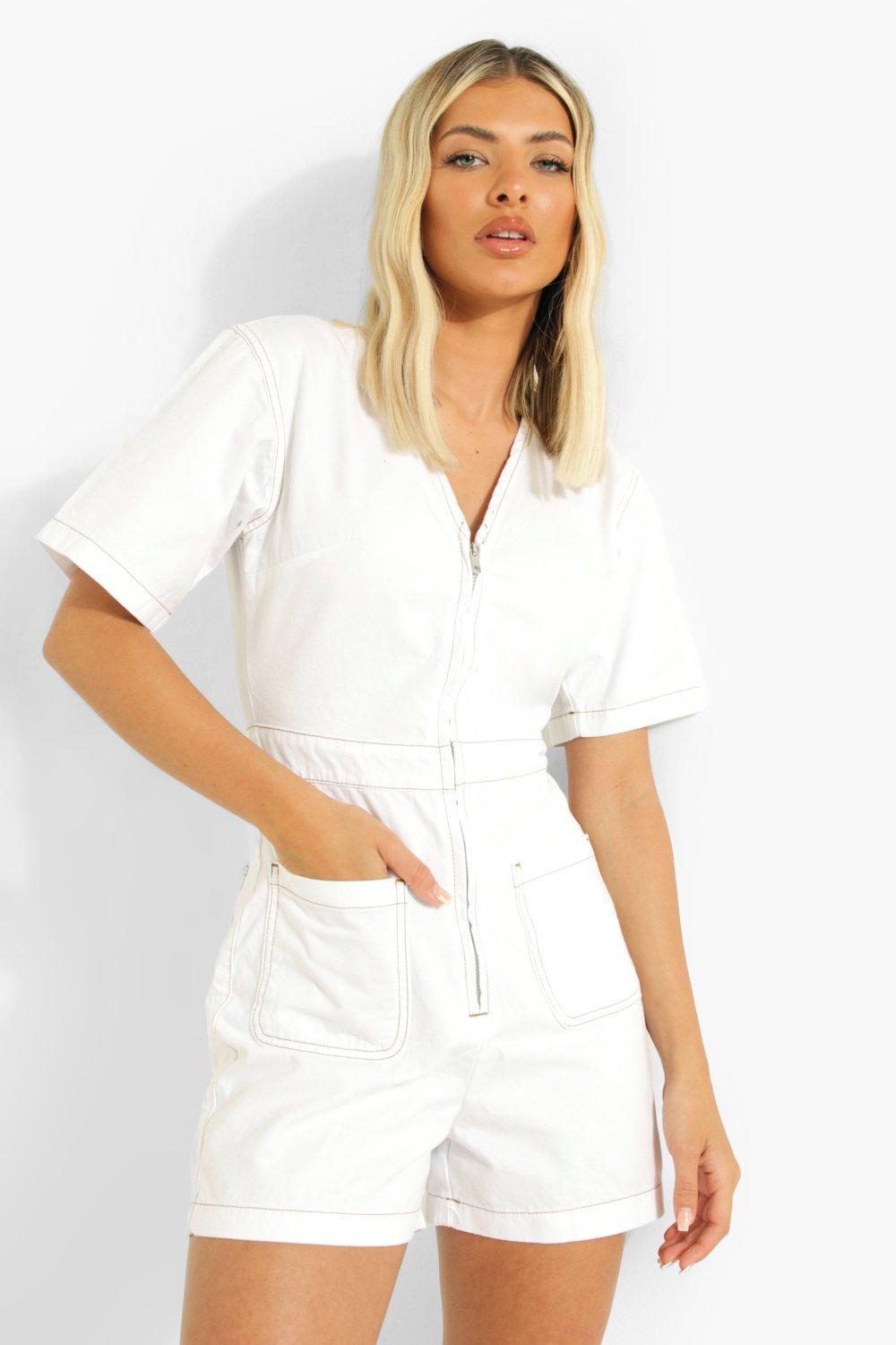 Boohoo Plunge Constrast Stitch Zip Up Denim Romper in White | Lyst