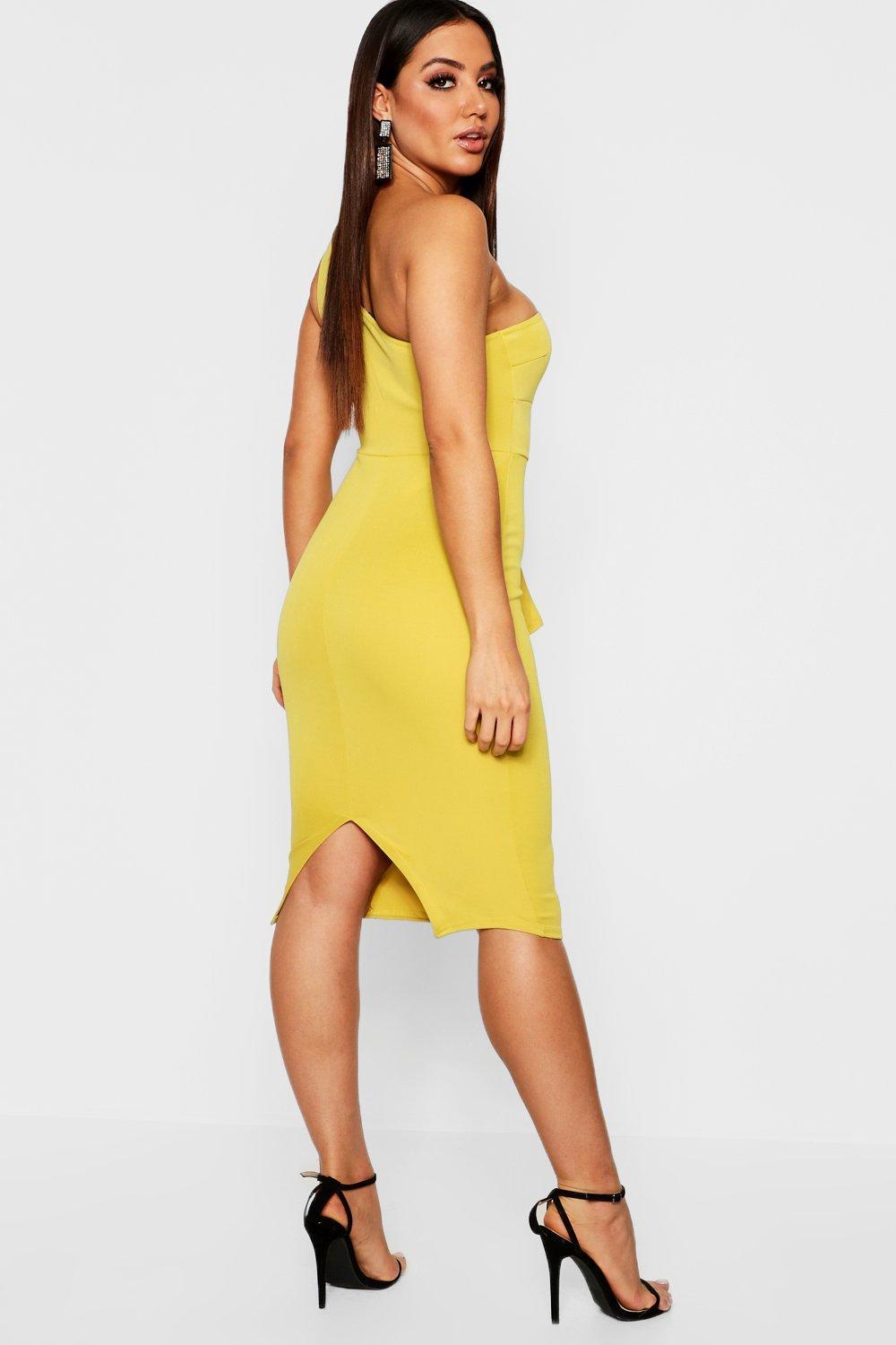 white one shoulder pleated detail midi dress