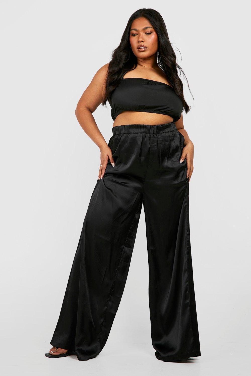Boohoo Plus Satin Wide Leg Pants in Black | Lyst UK