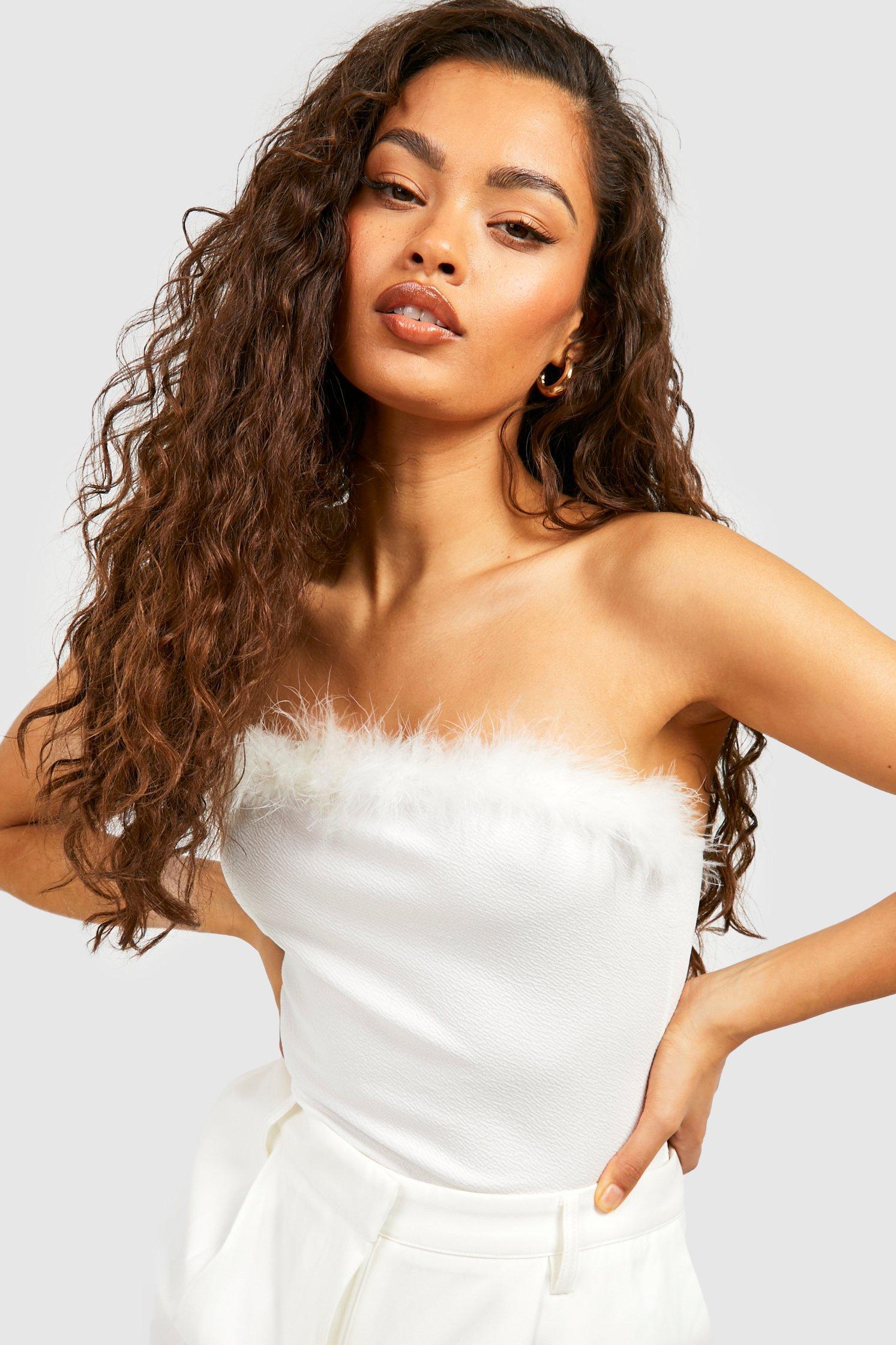 Boohoo Bandeau Feather One Piece in White | Lyst