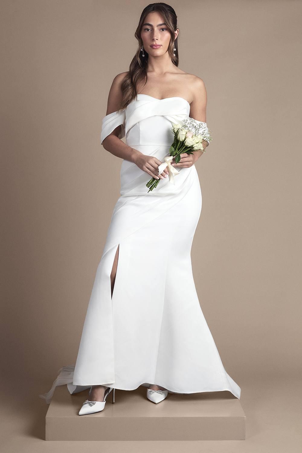 bardot satin wedding dress Bardot wedding dresses  Veni Infantino