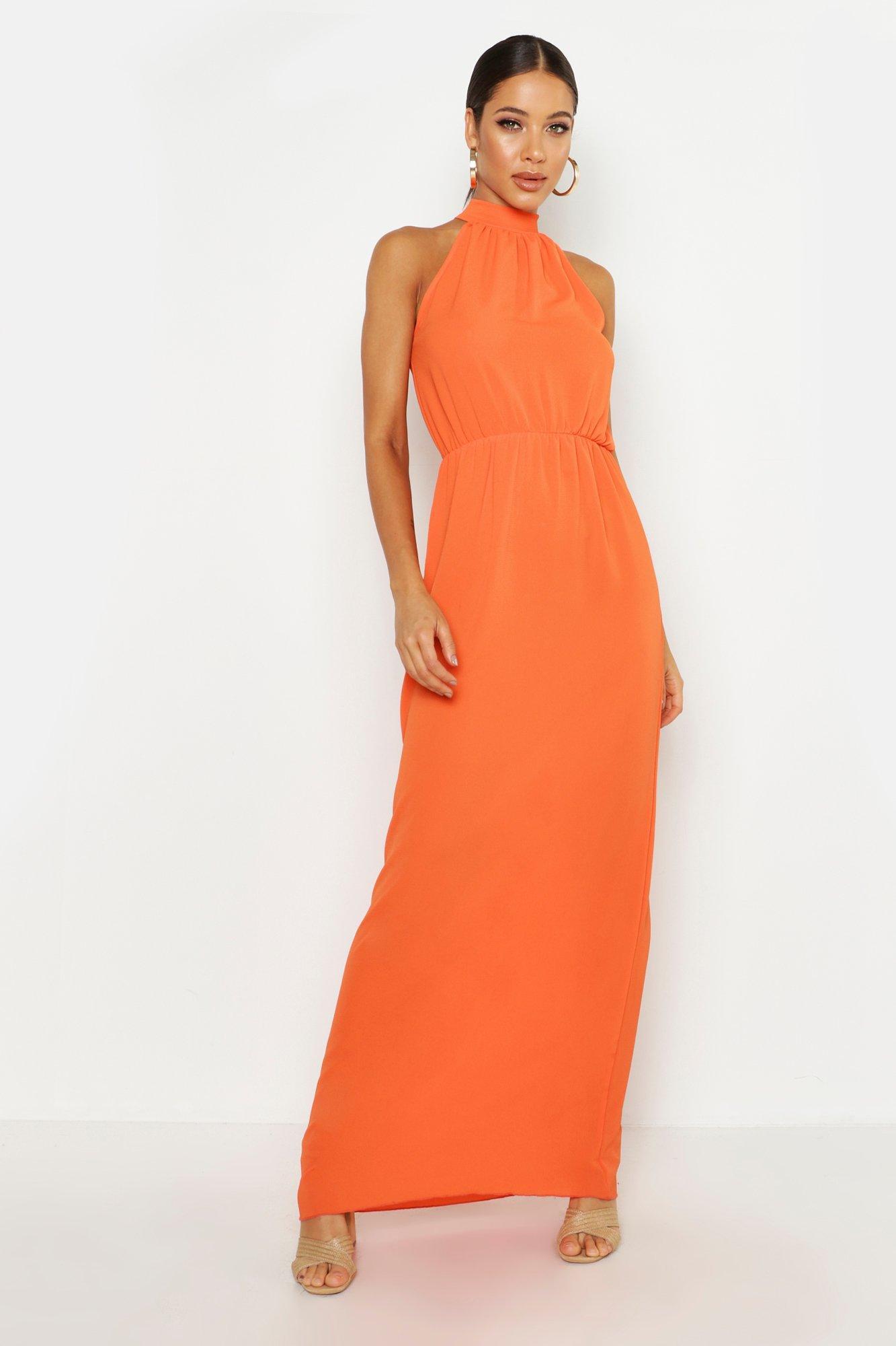 Boohoo Woven High Neck Maxi Dress in Orange - Lyst