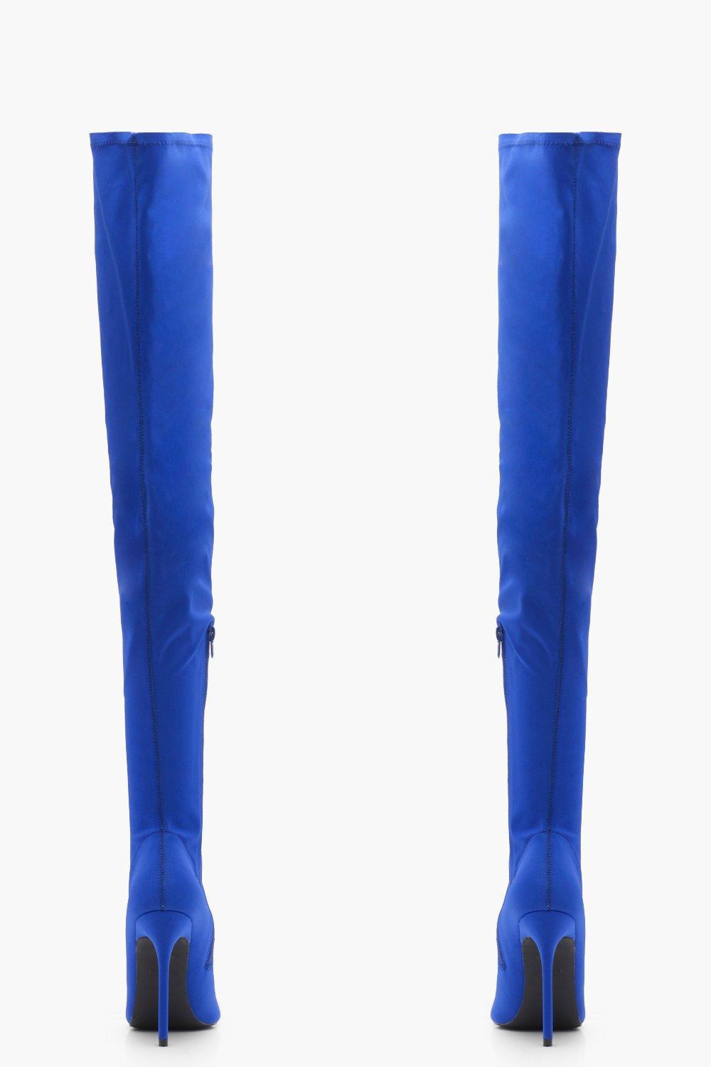 Boohoo Stretch Thigh High Boots in Blue | Lyst