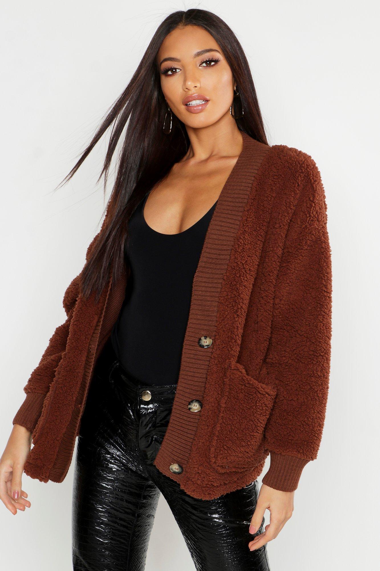 Lyst - Boohoo Knitted Borg Cardigan With Rib Trim in Brown
