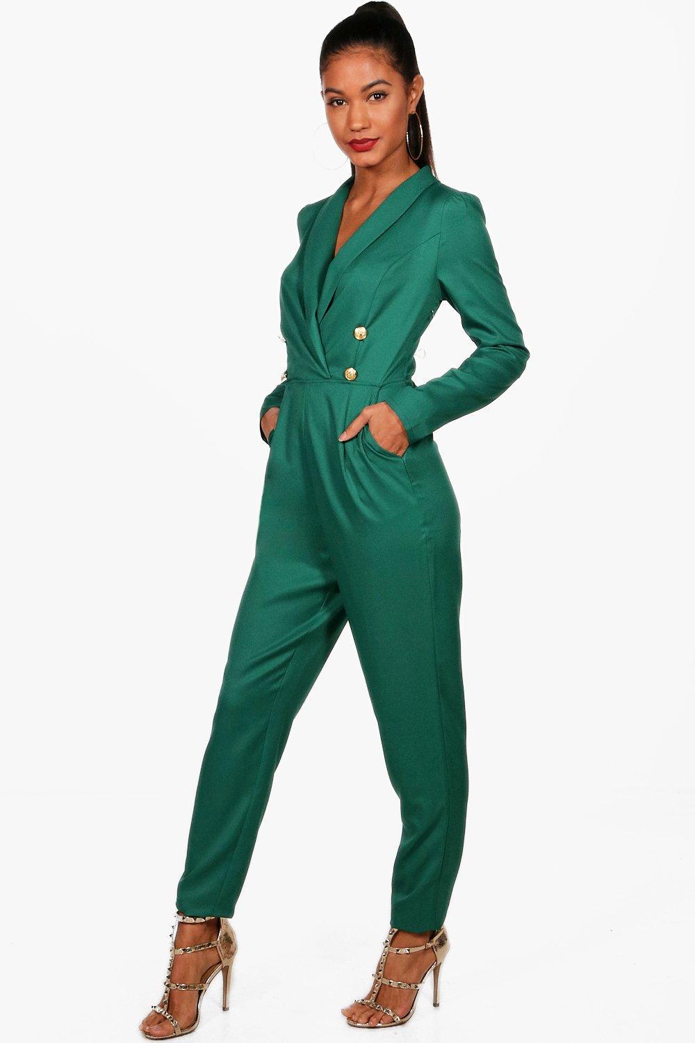 green jumpsuit with blazer