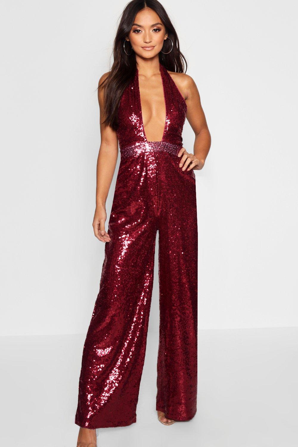 Boohoo Synthetic Petite Sequin Twist Wide Leg Pants in Berry (Red) - Lyst