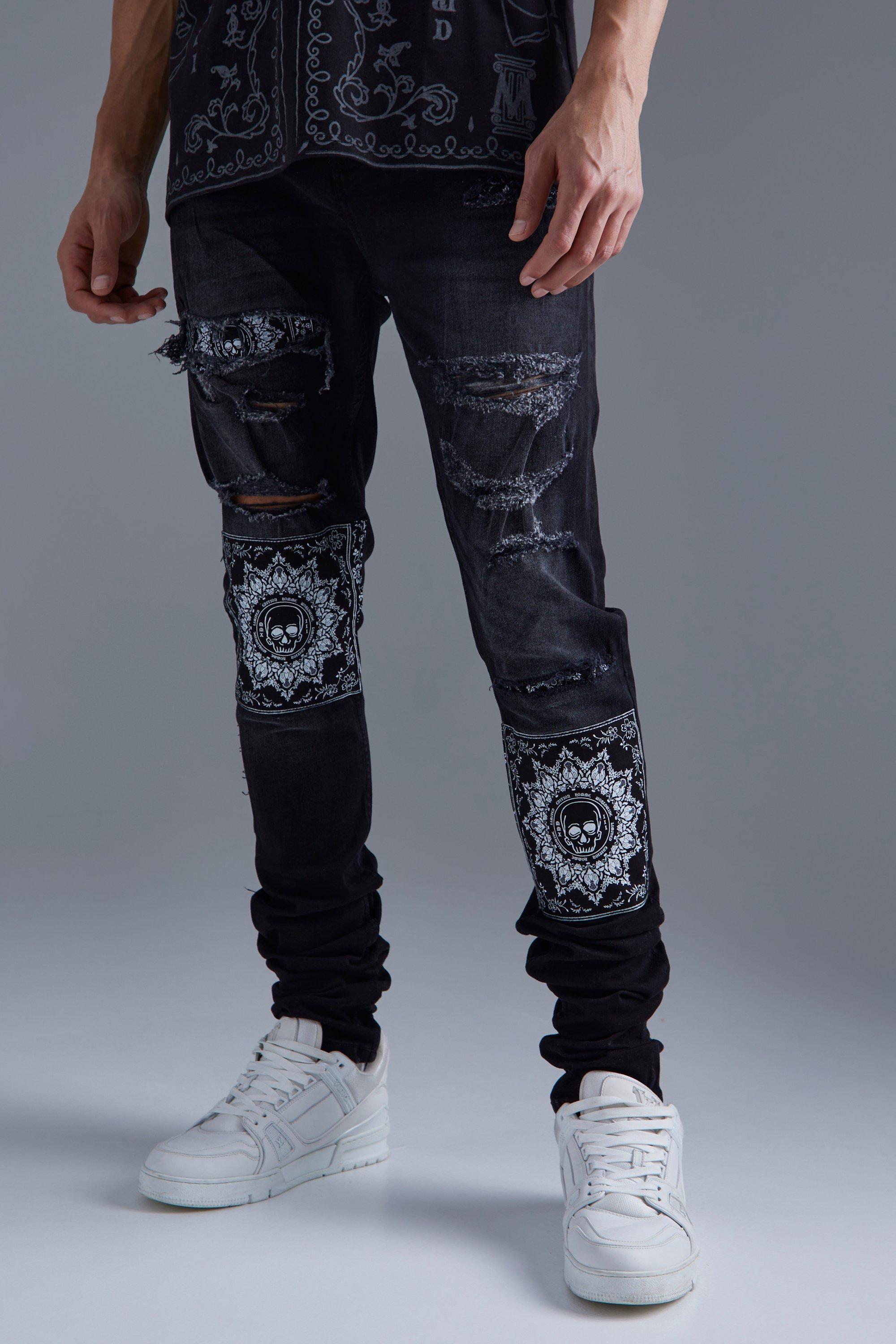 BoohooMAN Tall Skinny Stacked Rip & Repair Bandana Jeans in Blue for Men |  Lyst