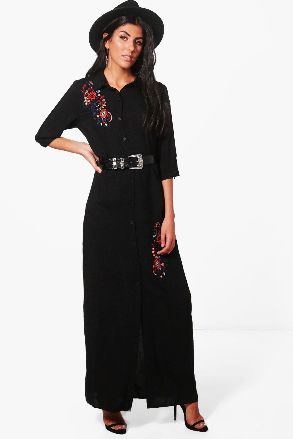 black embroidered shirt dress