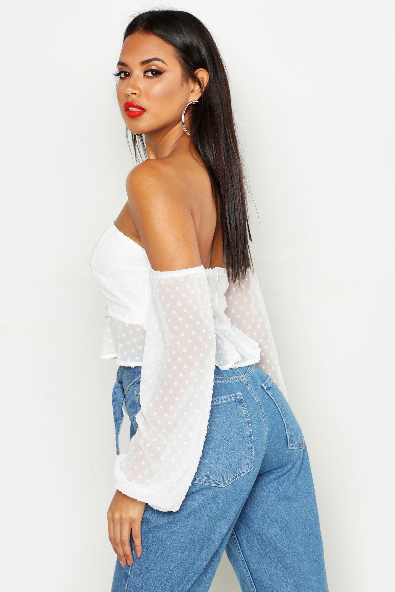 off the shoulder white crop top long sleeve