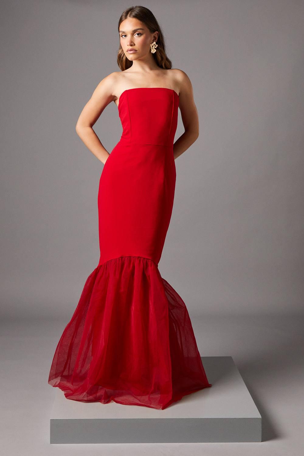 Coast Strapless Fitted Maxi Dress With Tulle Fishtail Hem in Red | Lyst
