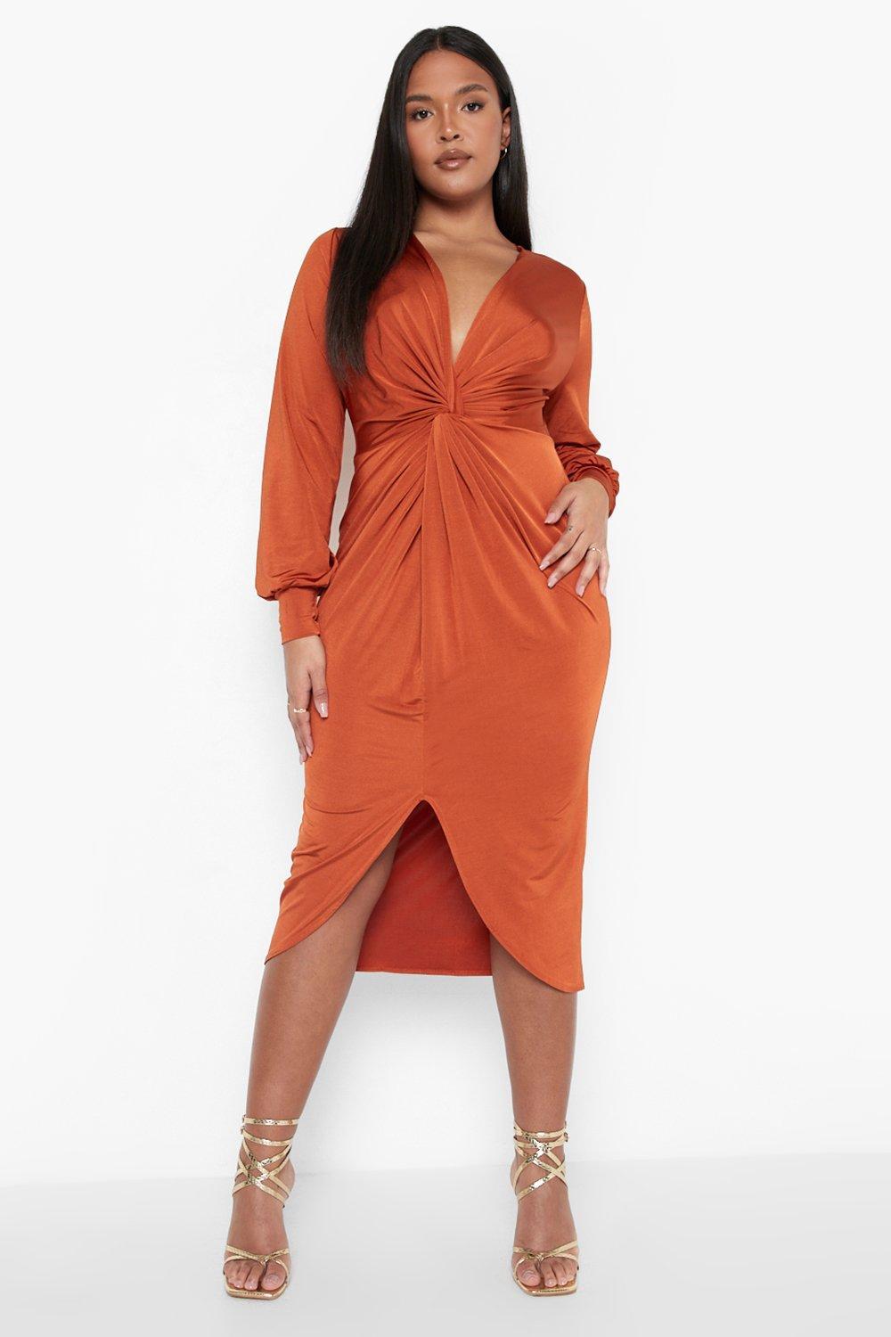 twist front plunge midi dress