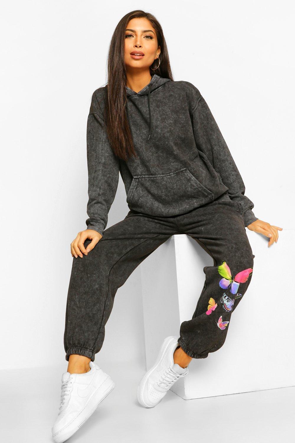 Boohoo Maternity Acid Wash Butterfly Tracksuit in Black - Lyst