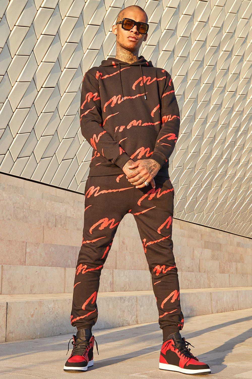 all over man print hooded tracksuit