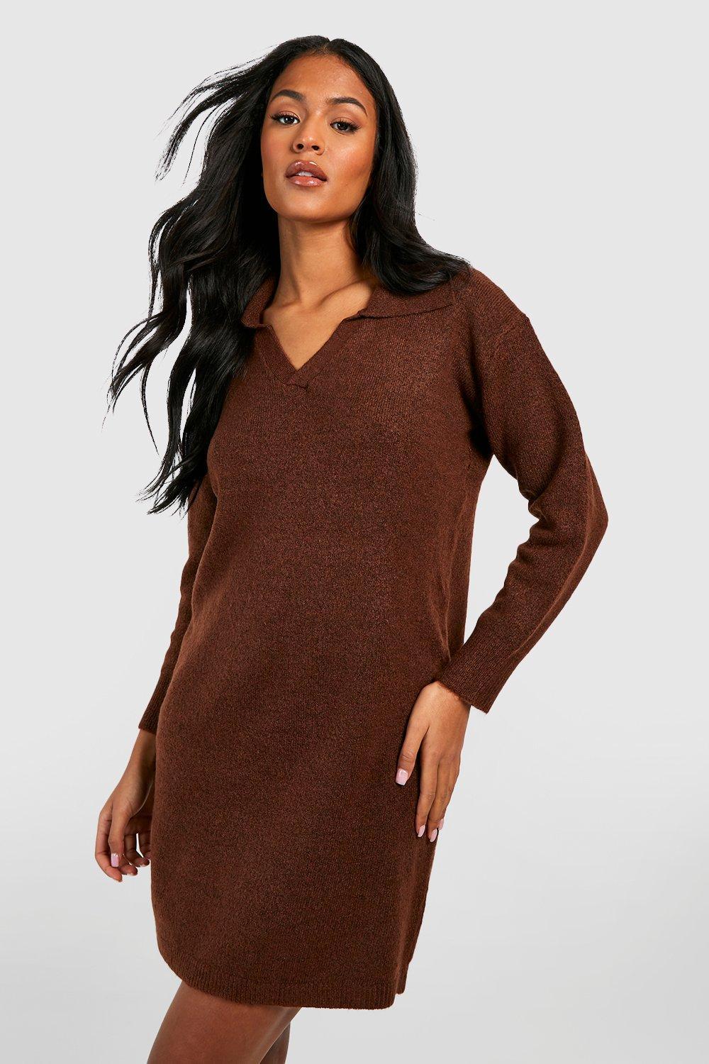 Boohoo Tall Soft Knit Collared Sweater Dress in Brown | Lyst