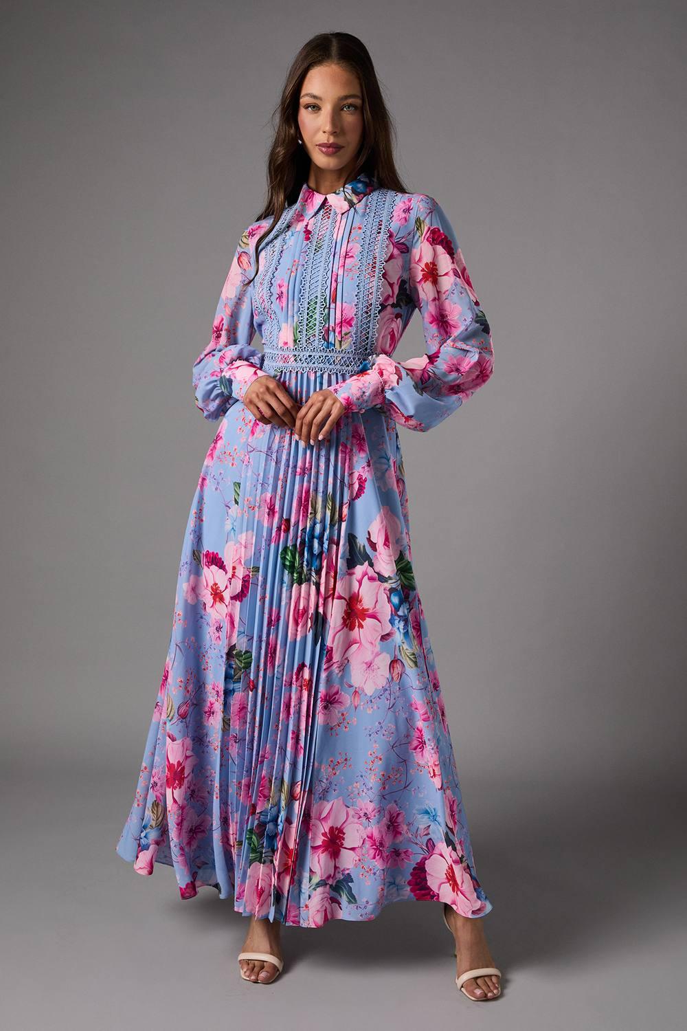 Coast Pleated Printed Long Sleeve Midi Dress With Lace Trim in Purple | Lyst Coast Pleated Printed Long Sleeve Midi Dress With Lace Trim in Purple | Lyst