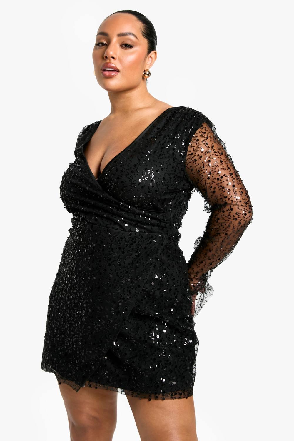 boohoo sequin dress plus boohoo Women's Plus Size Premium Sequin Wrap Dress - Malbec