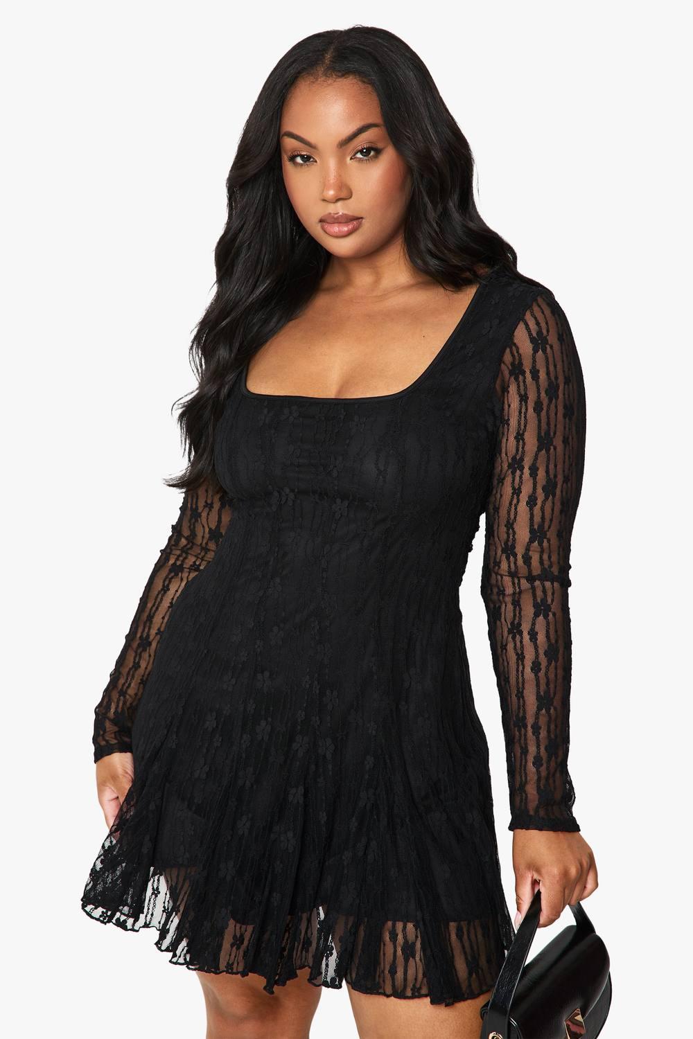 Boohoo Plus Lace Godet Mini Skater Dress in Black | Lyst