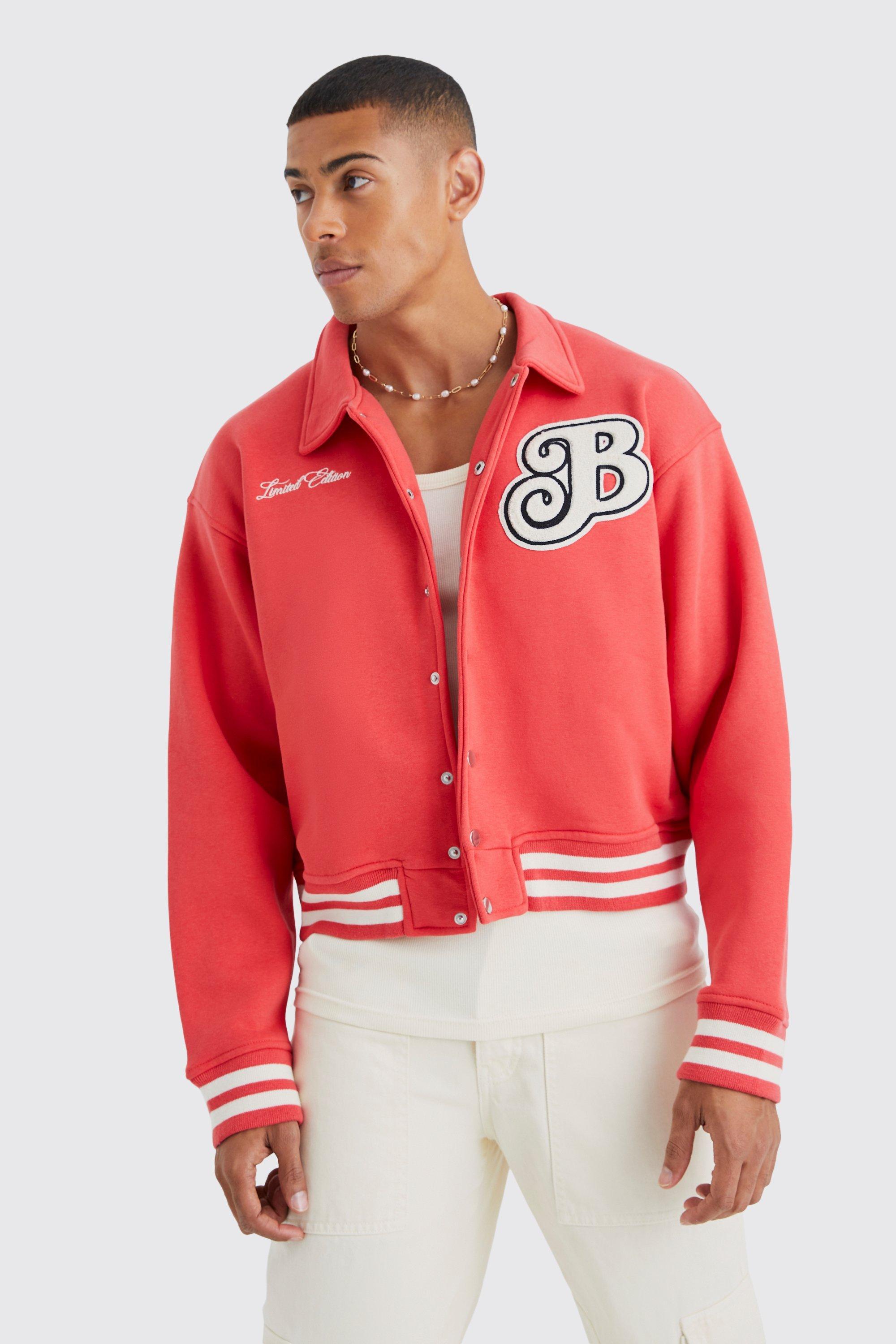 BoohooMAN Boxy B Badge Jersey Varsity Jacket in Red for Men Lyst