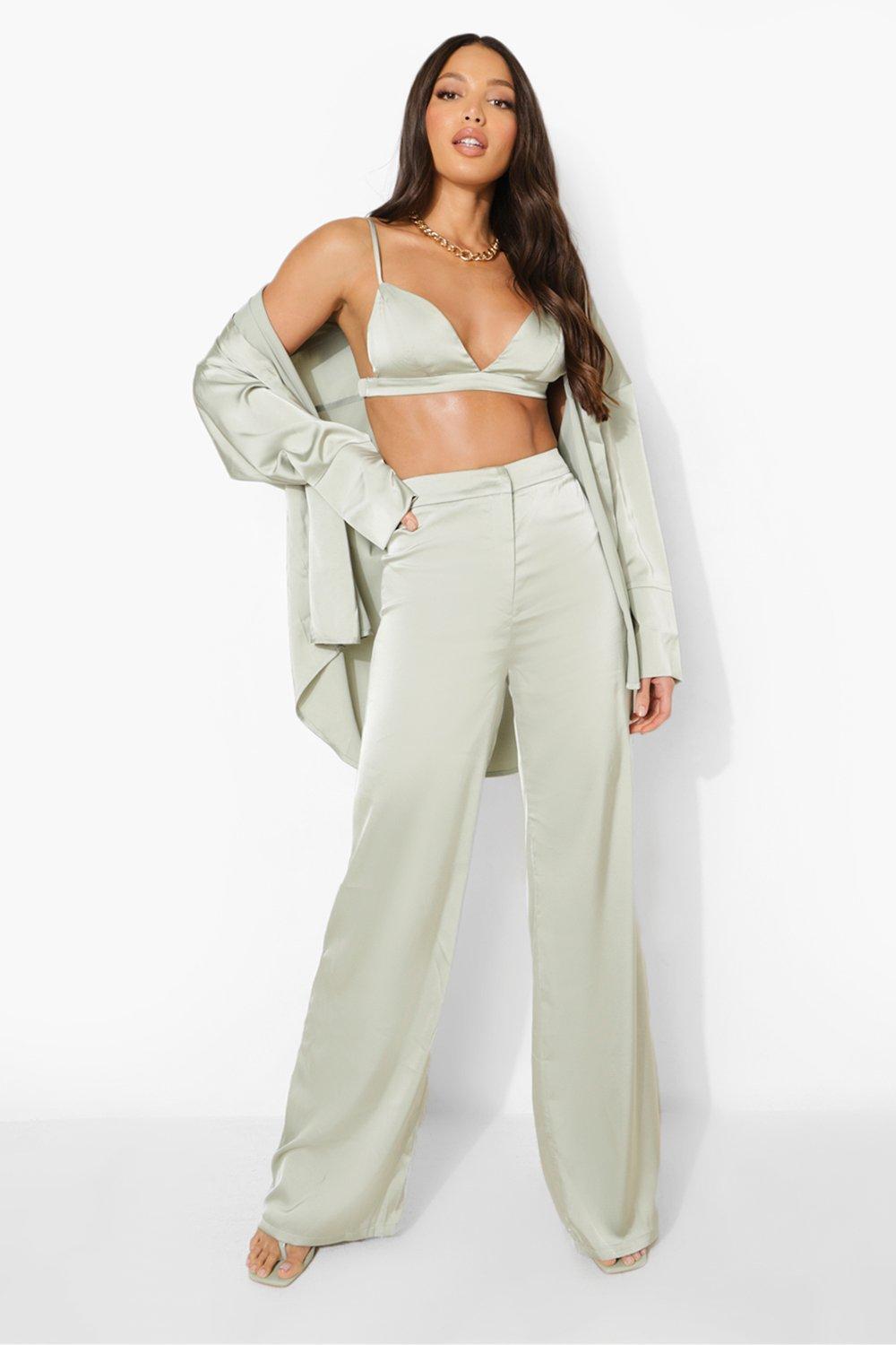 Boohoo Tall Satin Bralet Shirt Pants 