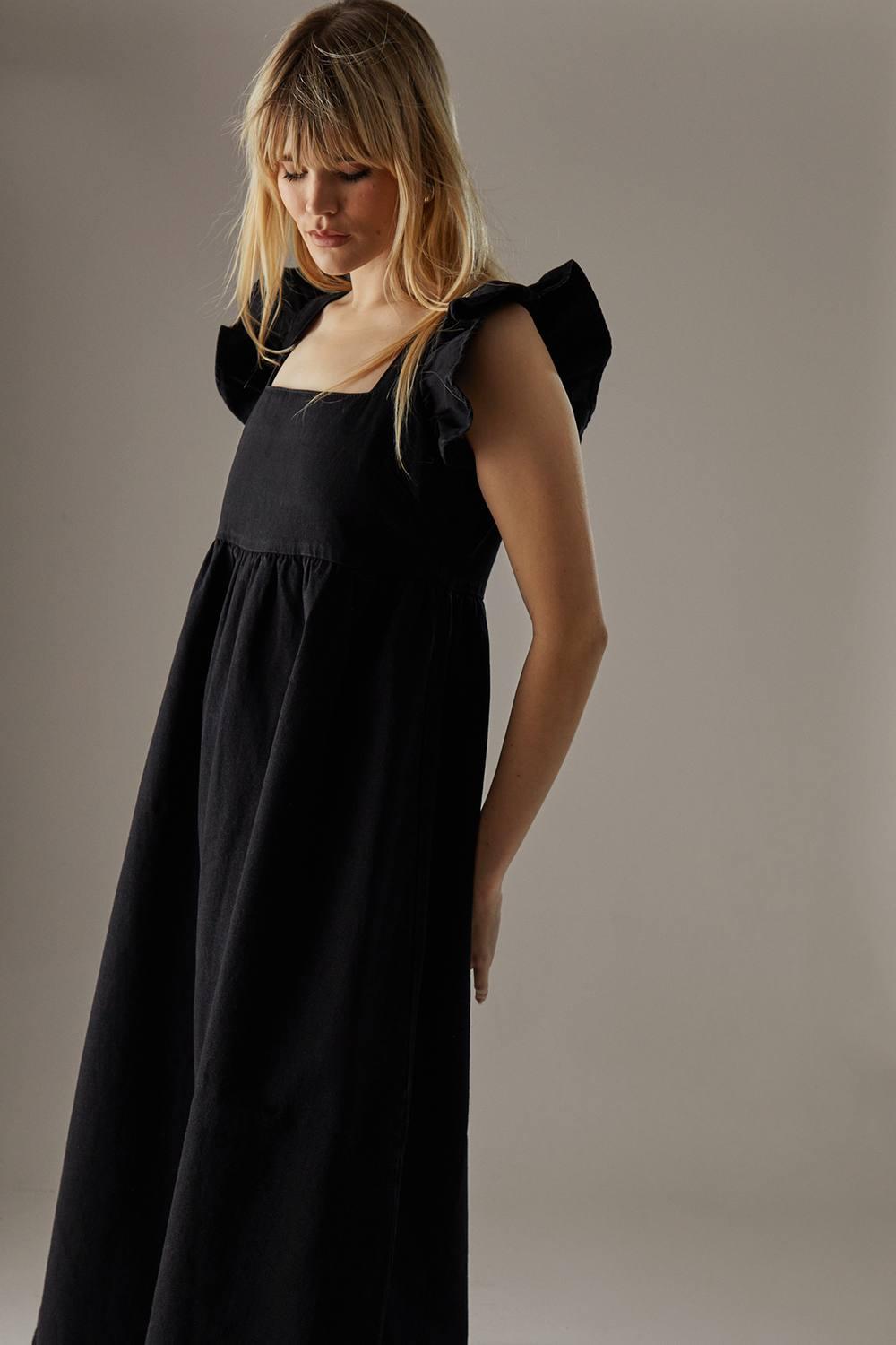 Warehouse Denim Square Neck Frill Smock Midi Dress in Black Lyst