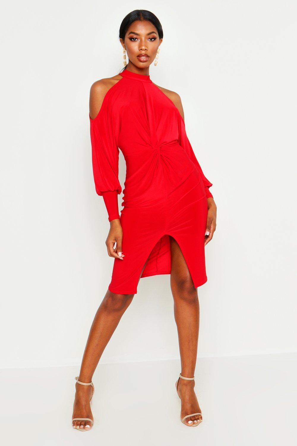 Boohoo Womens Slinky Cold Shoulder Knot Front Dress - Red - 2 - Lyst