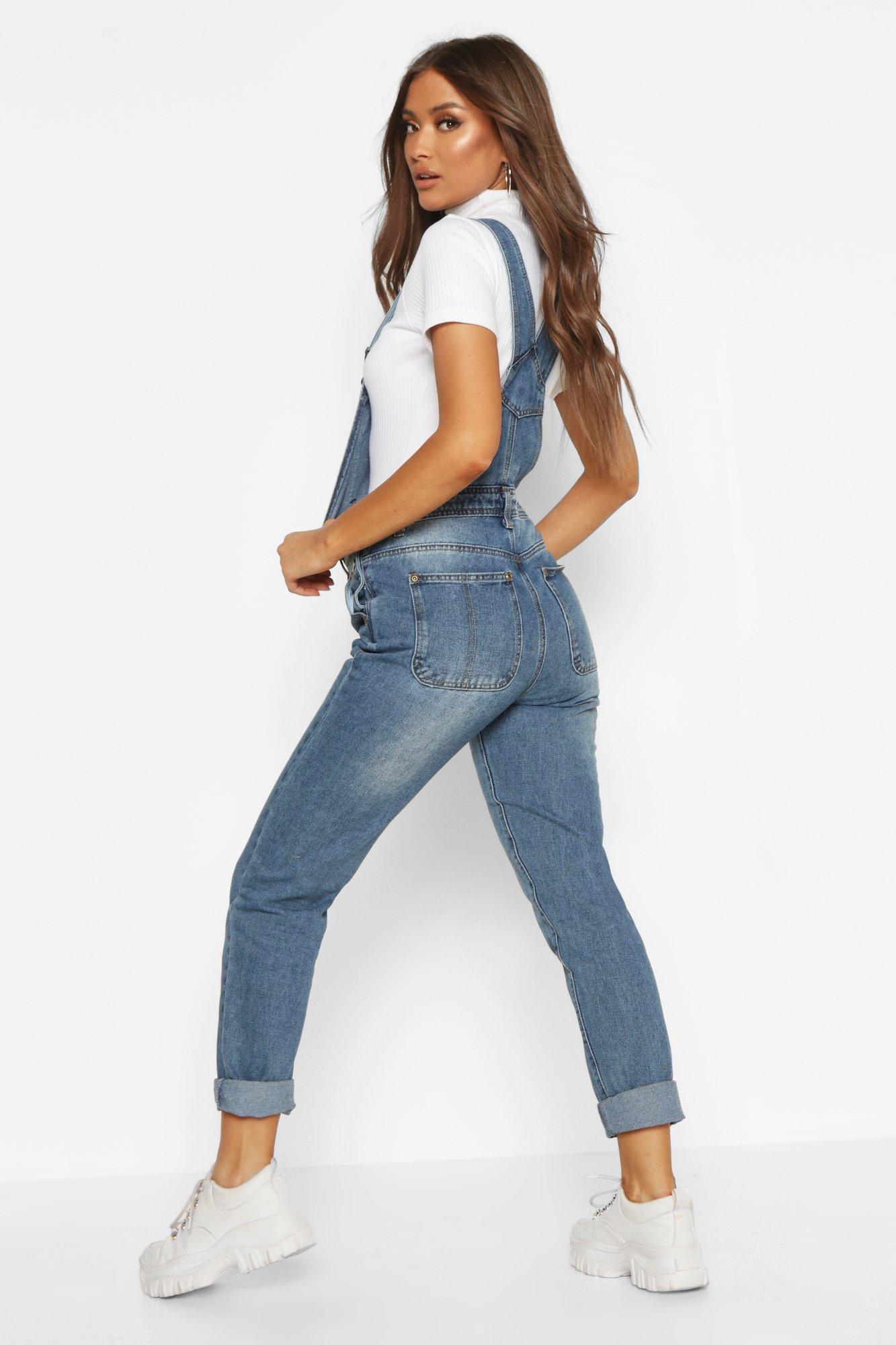 Boohoo Womens Boyfriend Denim Overalls in Blue Lyst