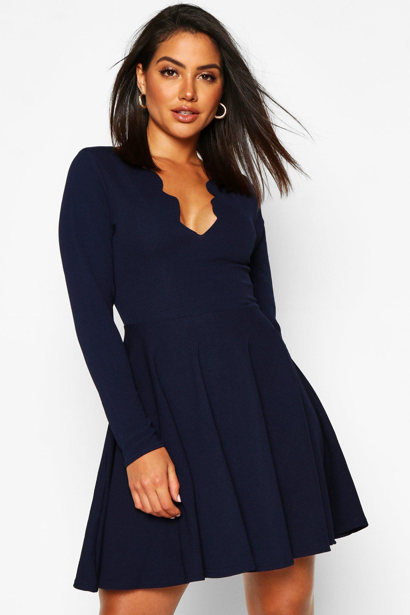 Boohoo Satin Womens Long Sleeved Scallop Plunge Skater Dress in Navy ...