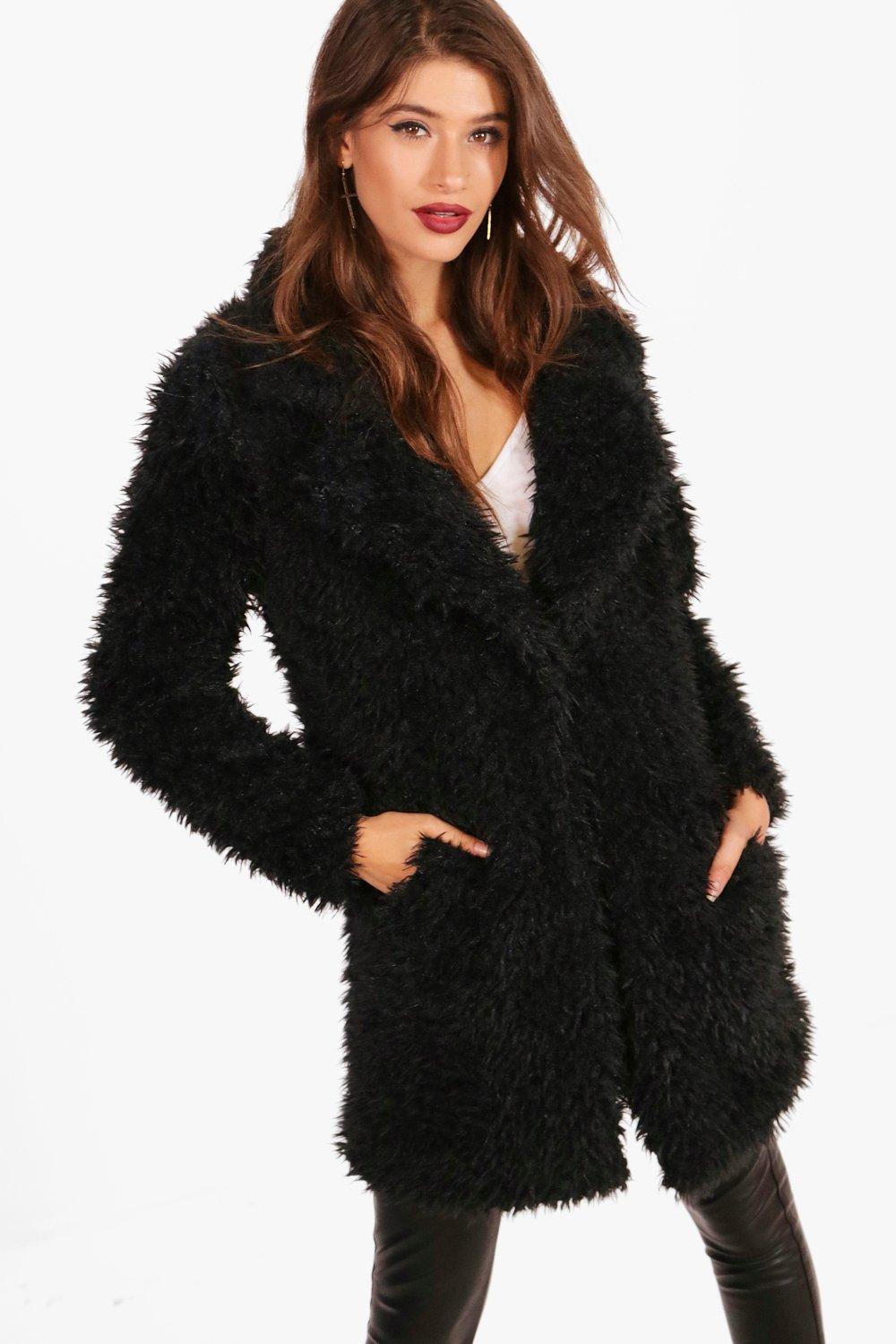 Boohoo Shaggy Faux Fur Coat in Black - Lyst
