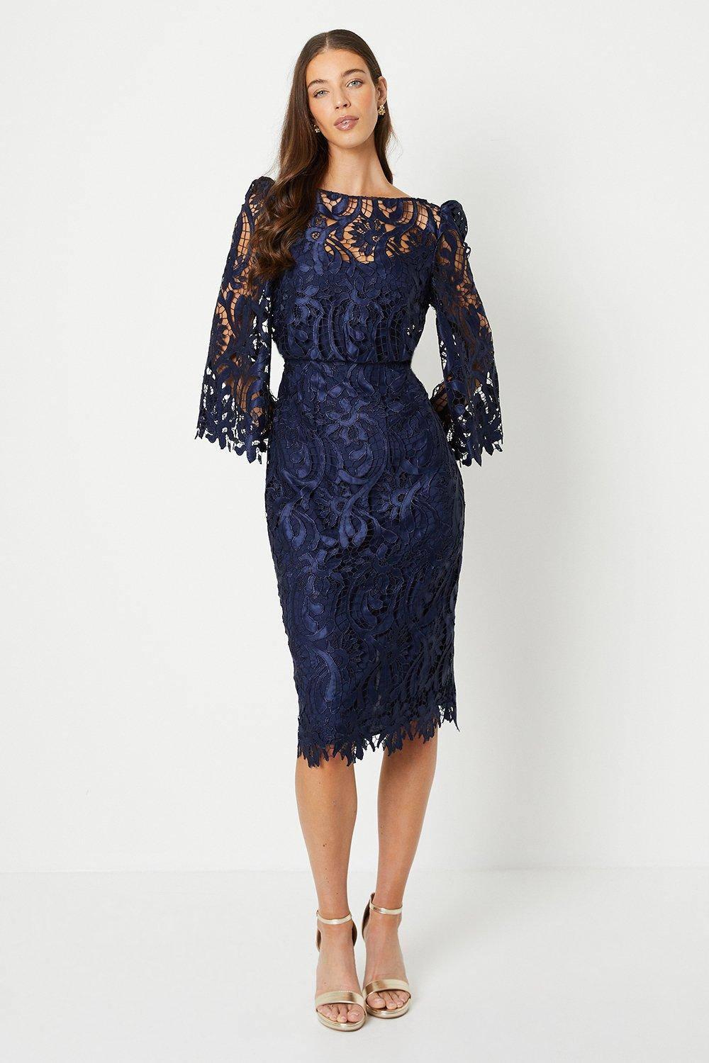 coast navy lace dress Navy Coast Long Sleeve Lace and Pleated Midi Shirt Dress
