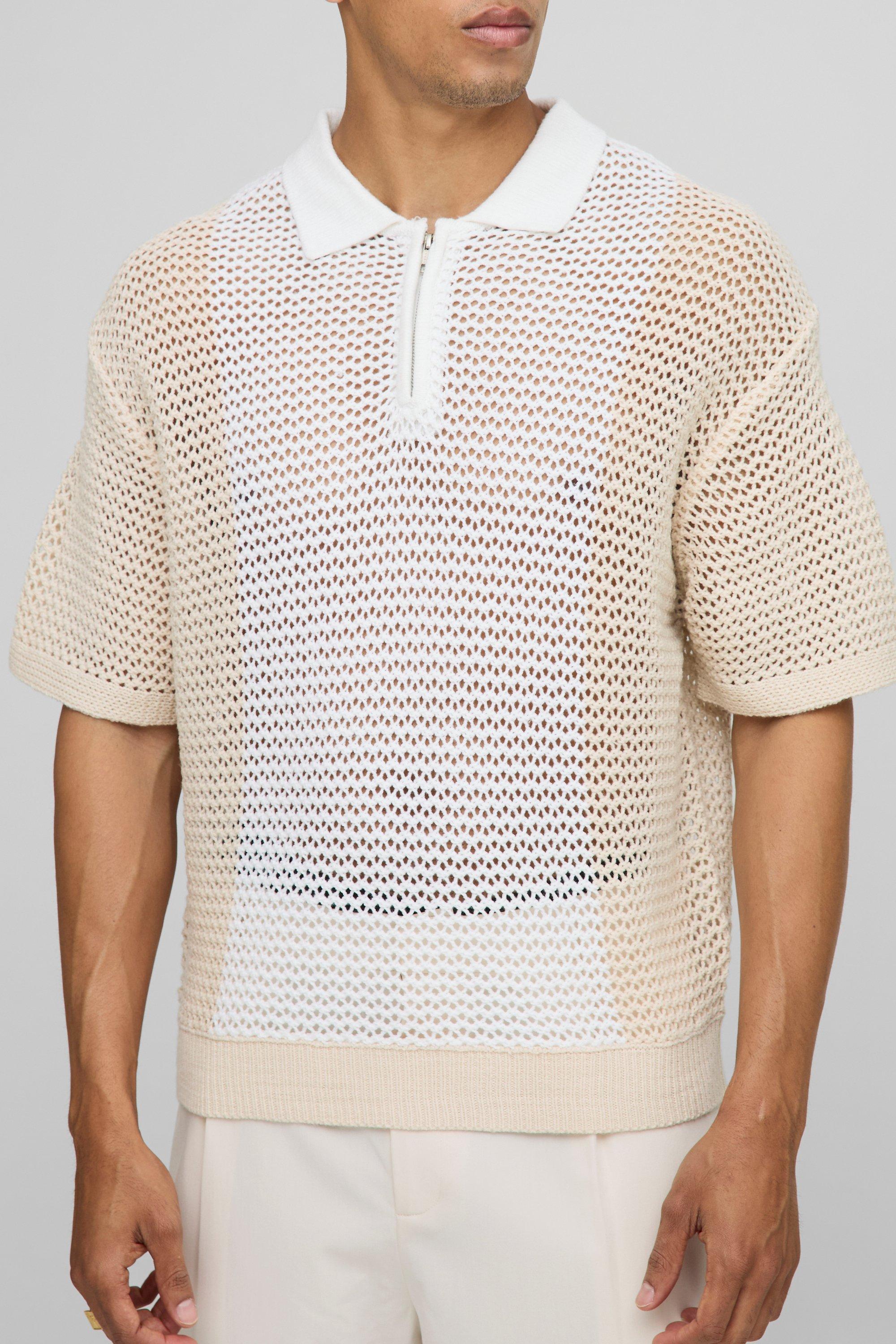 ニット Short Knit ＊heureux＊ 15950 BoohooMAN Boxy Fit Colour Block Open Stitch Zip Neck Knitted