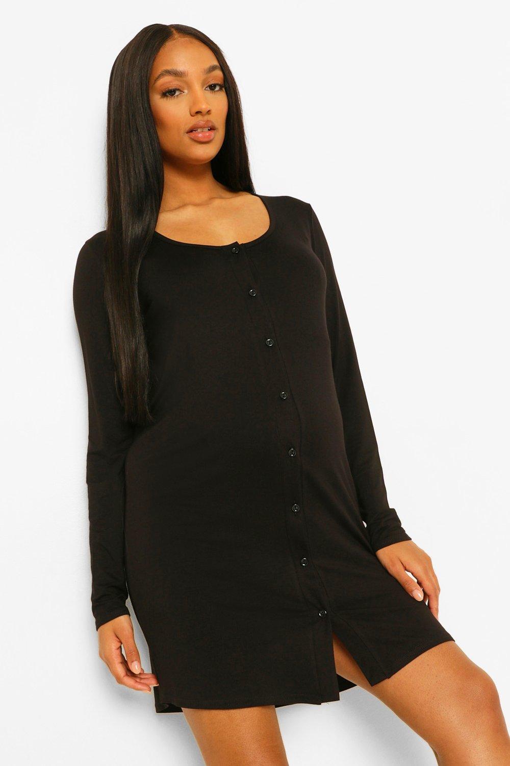 Boohoo Maternity Long Sleeve Button Front Nightie in Black - Lyst