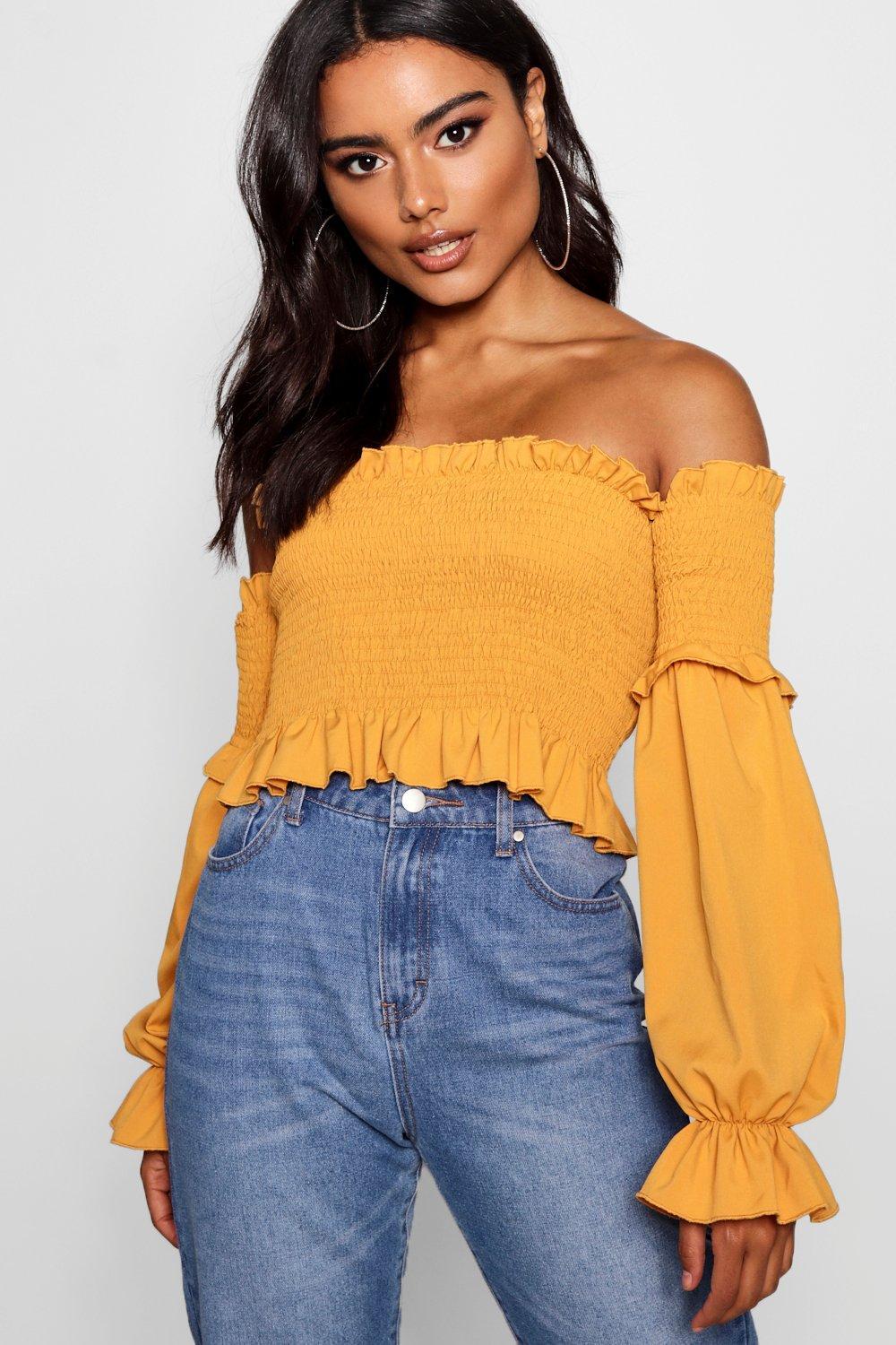 shirred ruffle hem bardot top