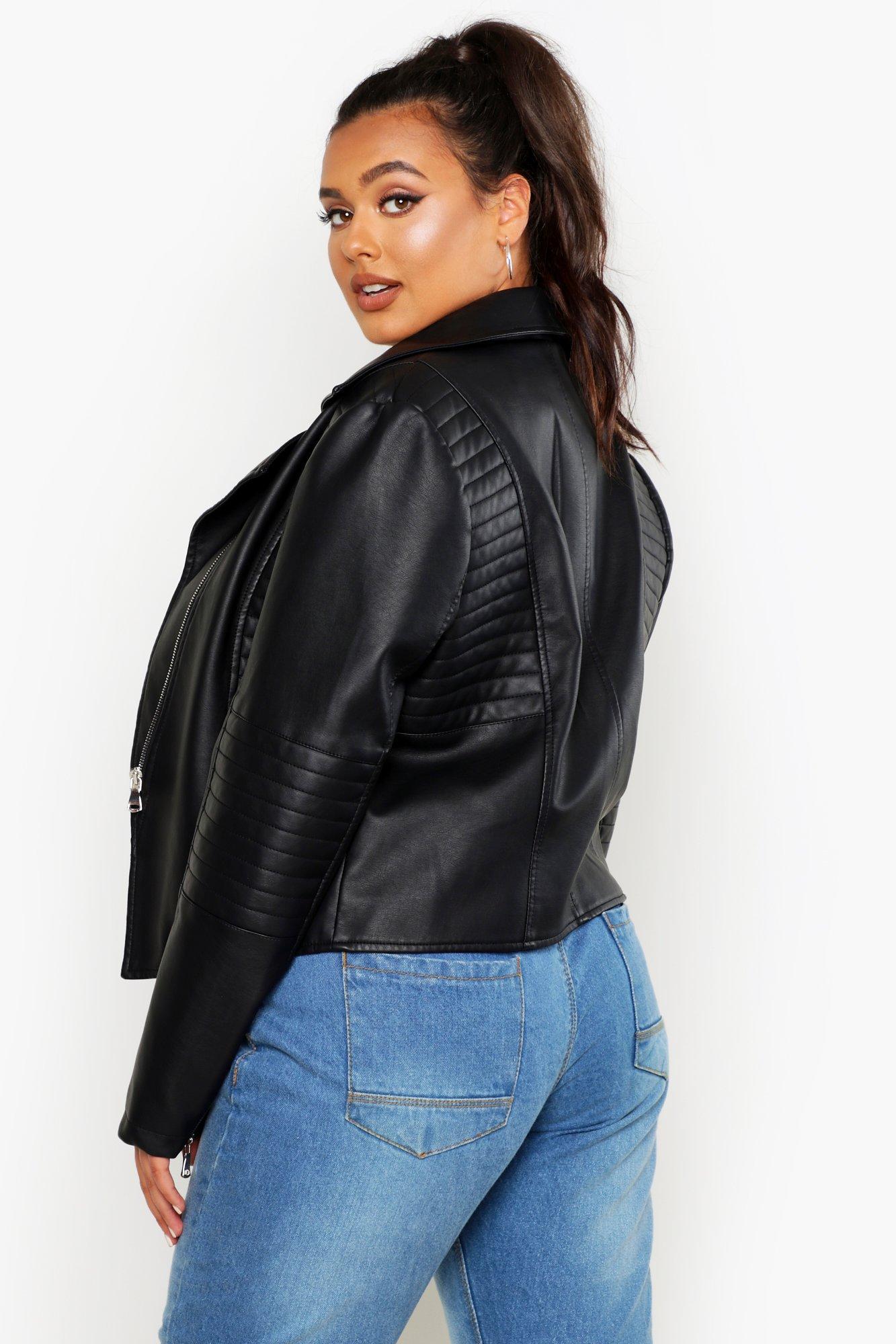 Boohoo Plus Faux Leather Quilted Moto Jacket in Black - Lyst