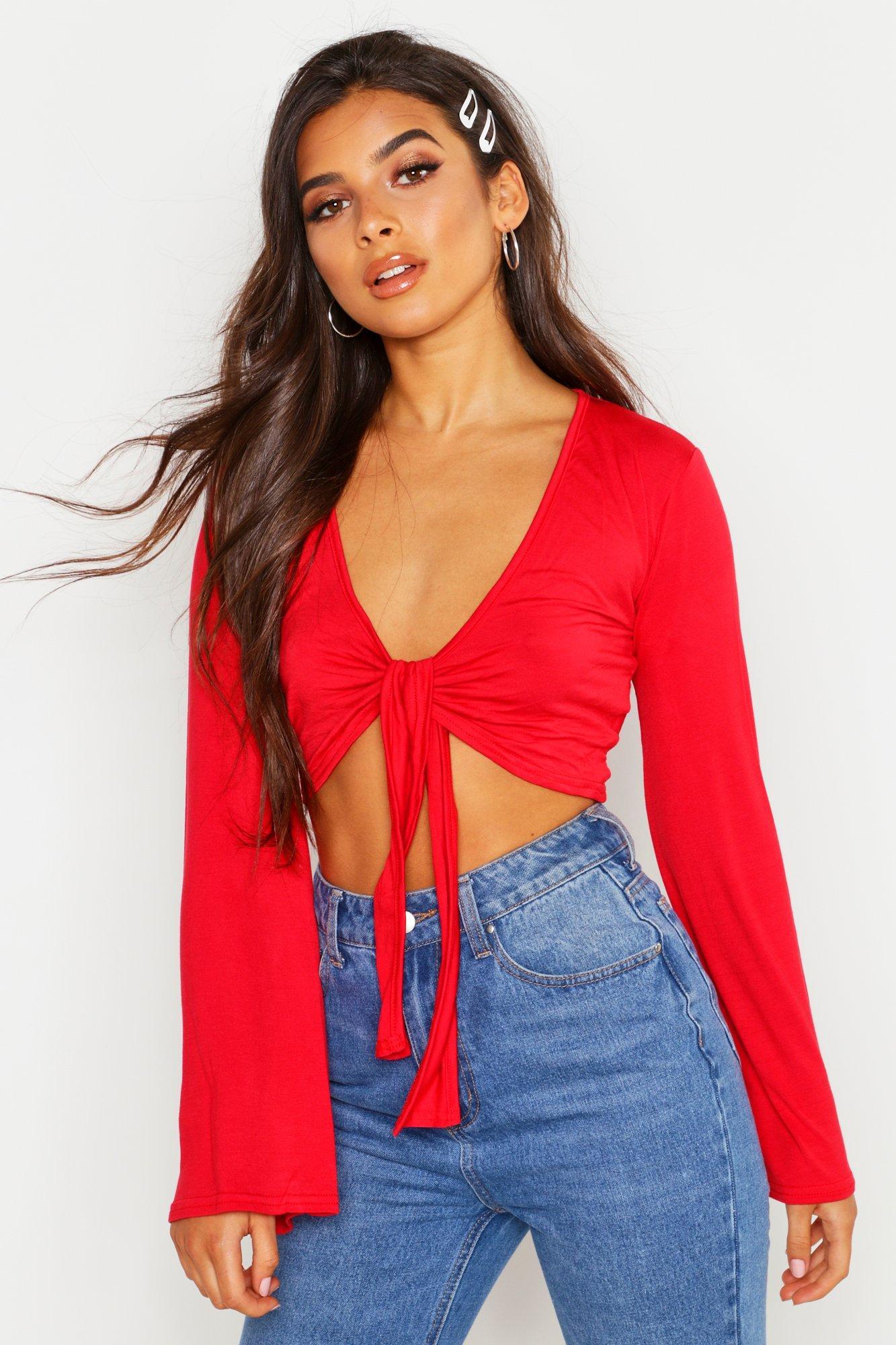 Boohoo Petite Knot Front Flare Sleeve 