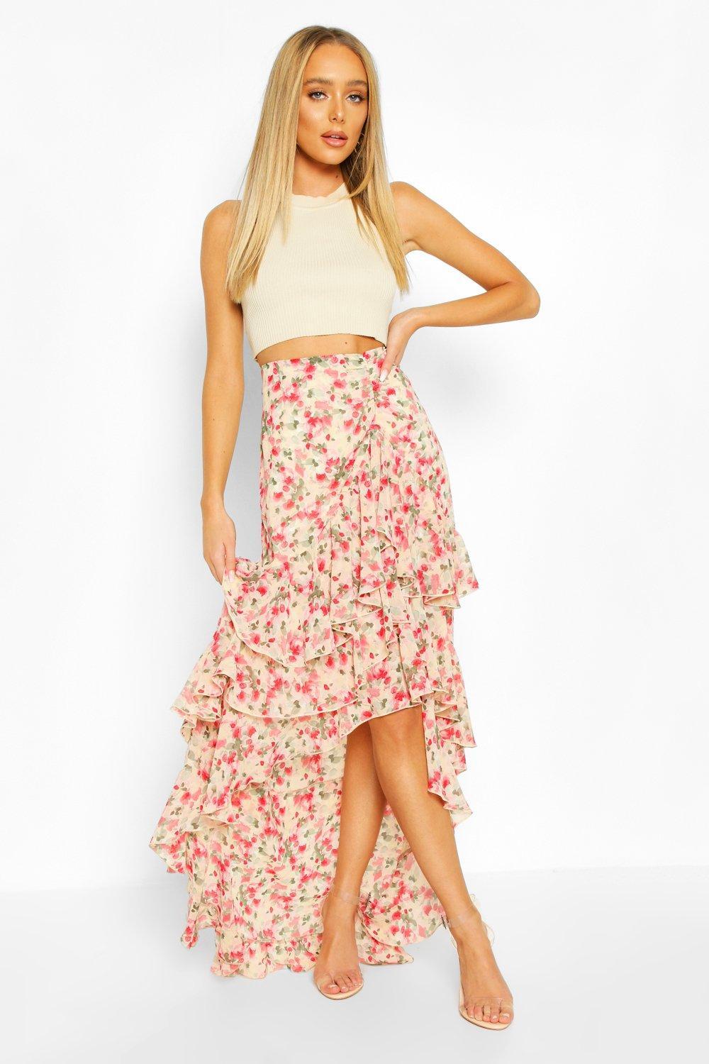 Boohoo Womens Floral Layered Ruffle Hem Maxi Skirt in Pink - Lyst
