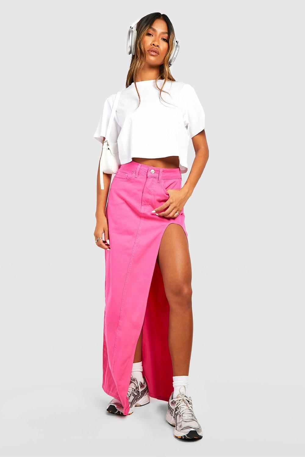 Boohoo Pink Thigh Split Denim Maxi Skirt | Lyst UK