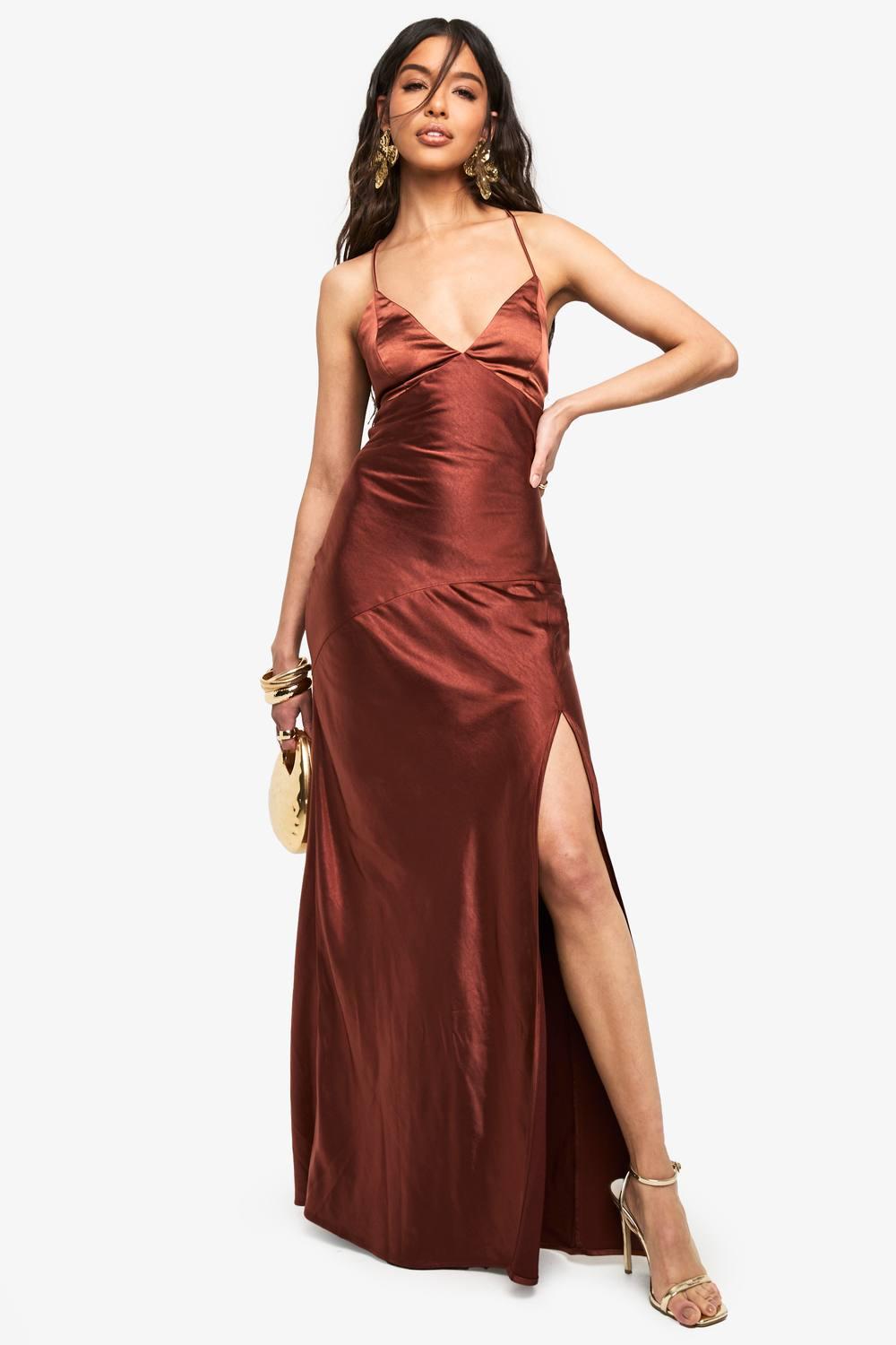 Boohoo Satin Cross Back Maxi Slip Dress in Brown | Lyst
