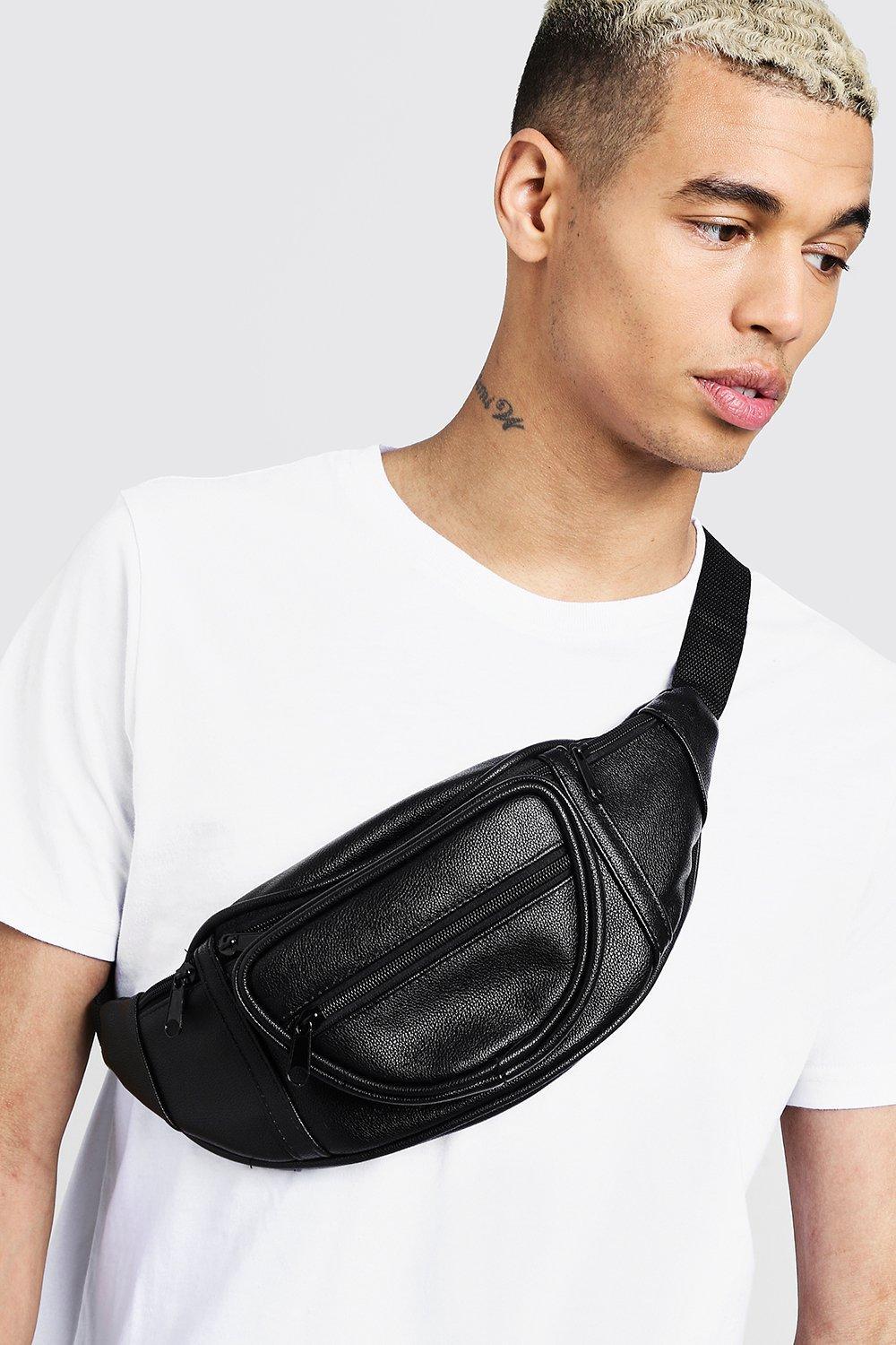 Boohoo 3d Front Pocket Faux Leather Bum Bag in Black for Men - Lyst