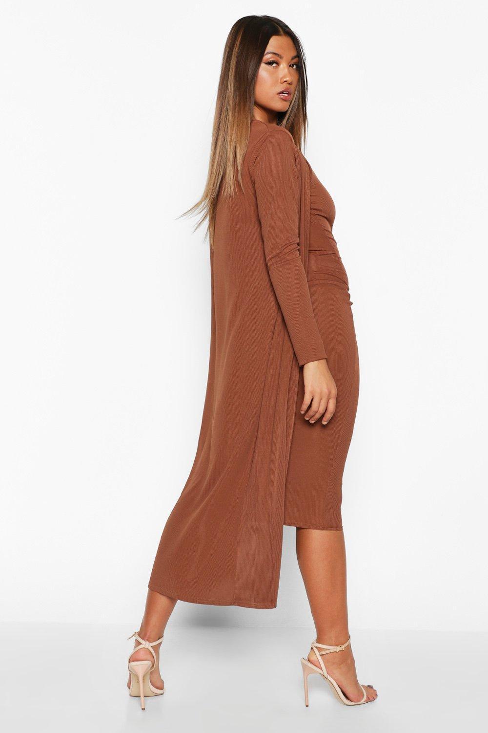 Boohoo Ribbed Midi Dress And Duster Set 