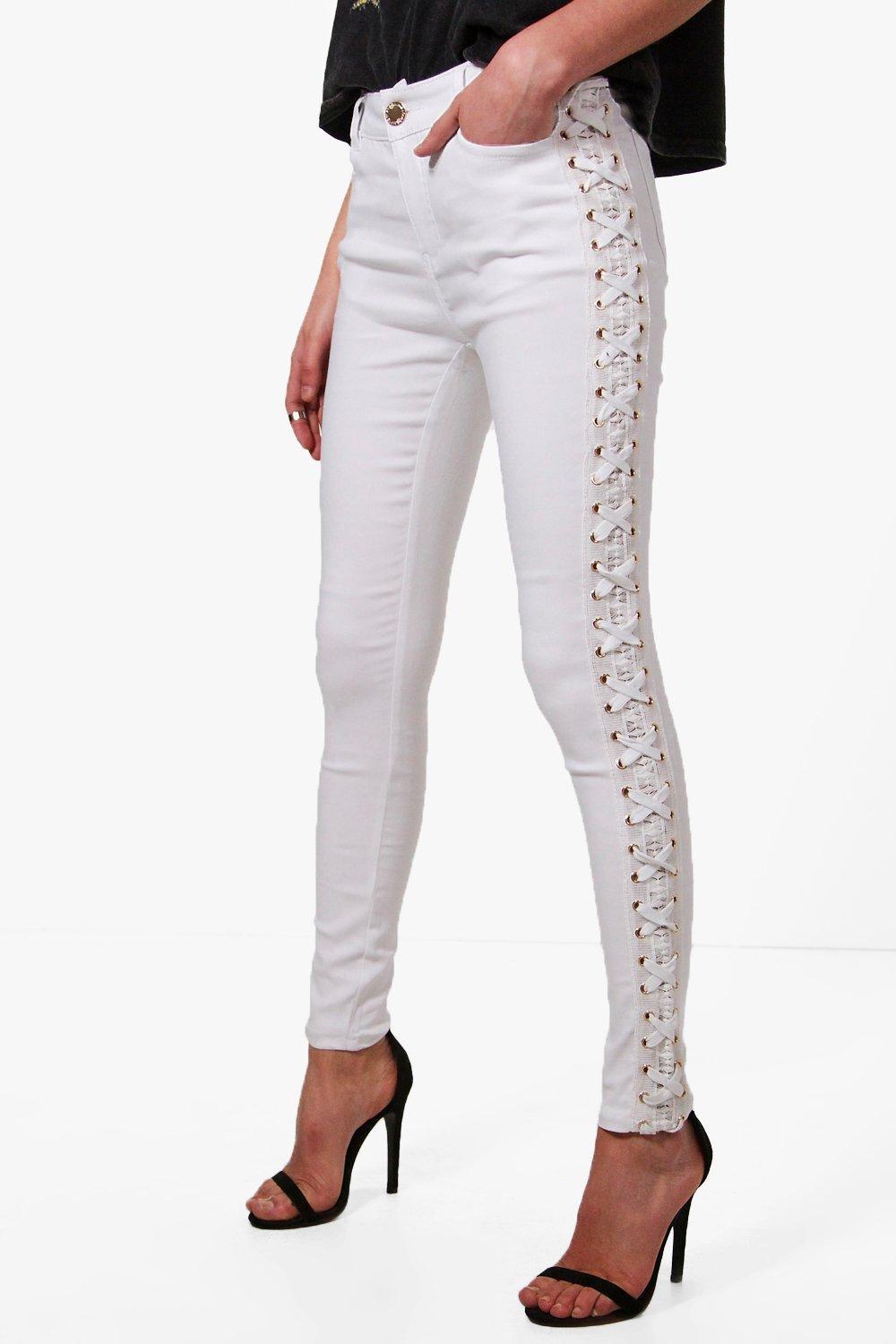 Boohoo Denim Selma Side Lace Up Skinny Jeans in White - Lyst