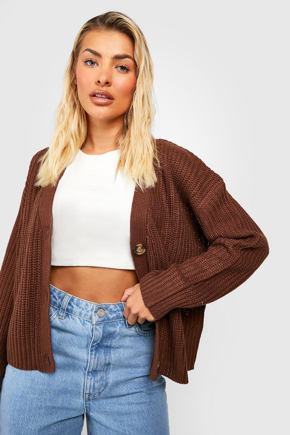 Boohoo Crop Fisherman Knit Cardigan in Brown | Lyst