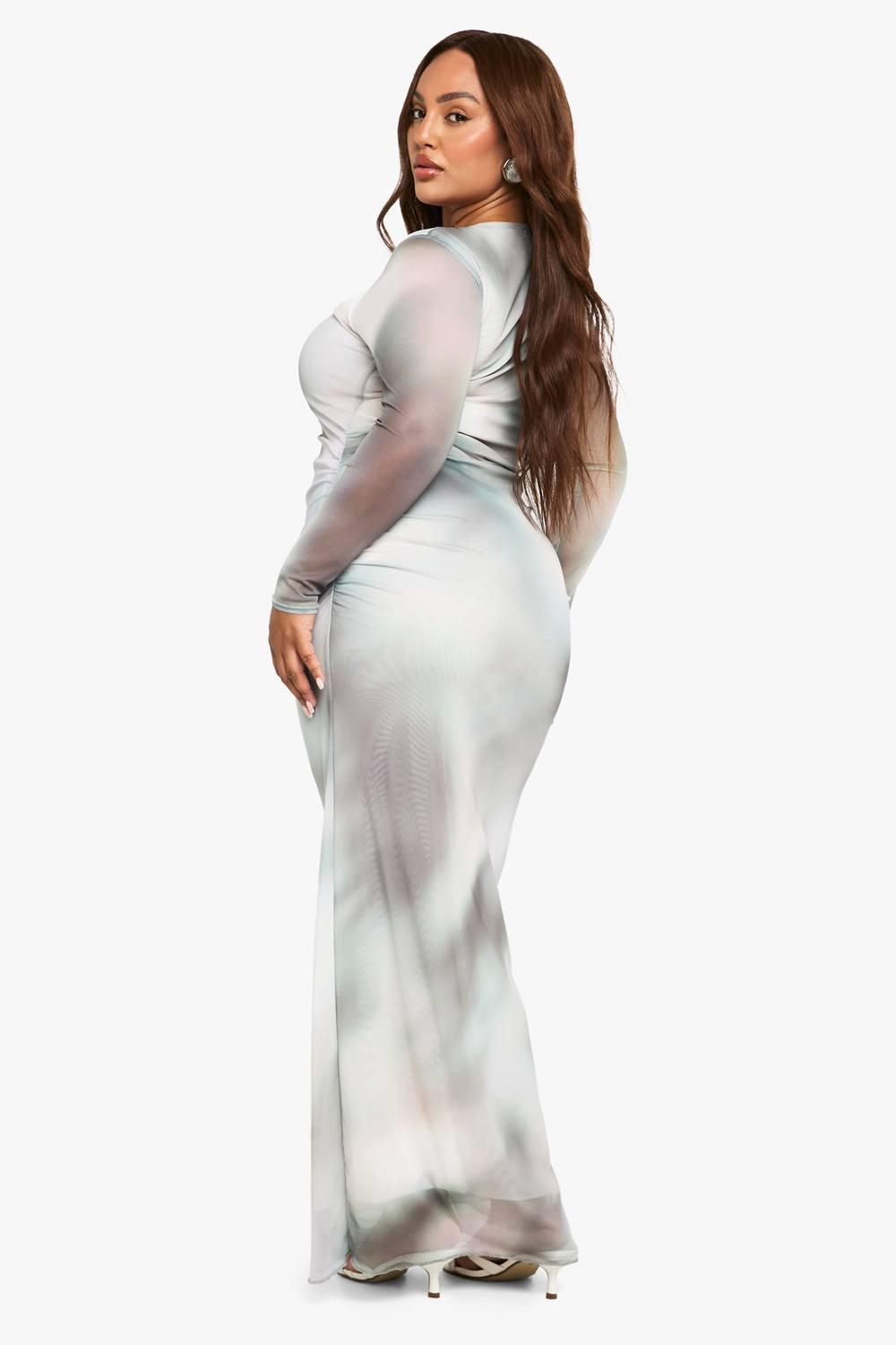 Boohoo Plus Abstract Mesh Ruched Maxi Dress in Natural Lyst