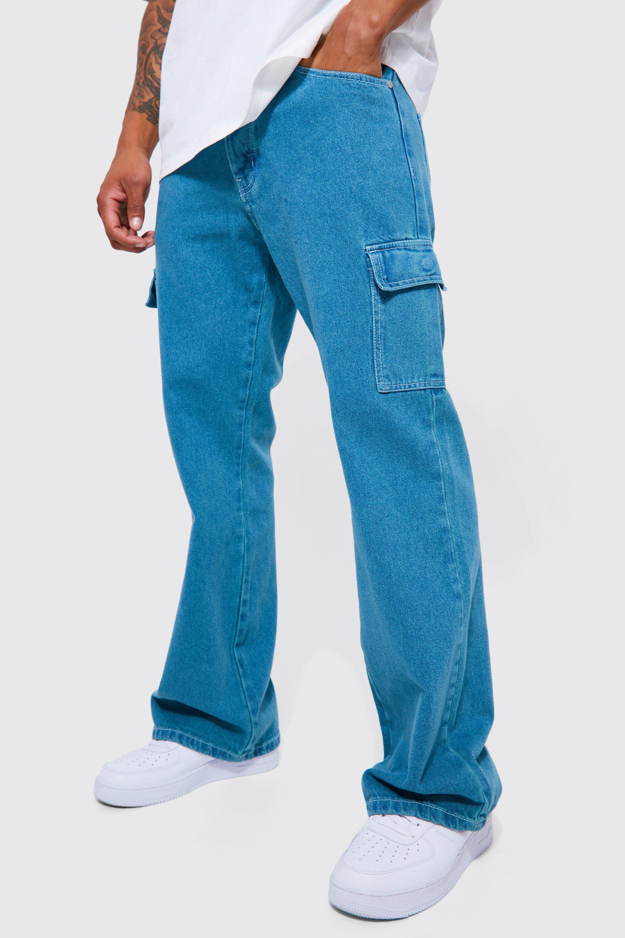 BoohooMAN Relaxed Rigid Flare Tinted Acid Wash Cargo Jean in Blue for