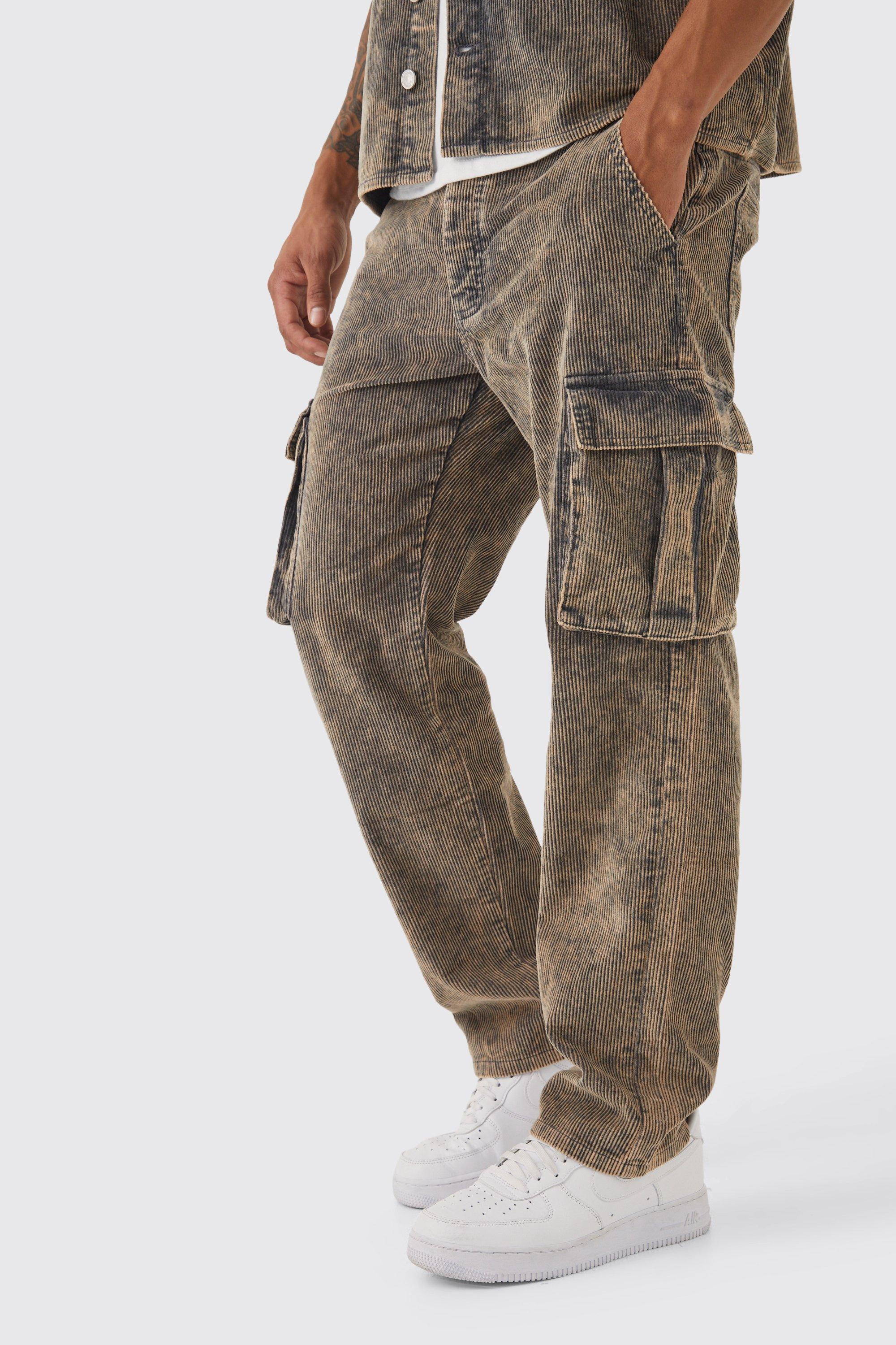 Boohoo Relaxed Acid Wash Cord Cargo Trouser in Natural Lyst